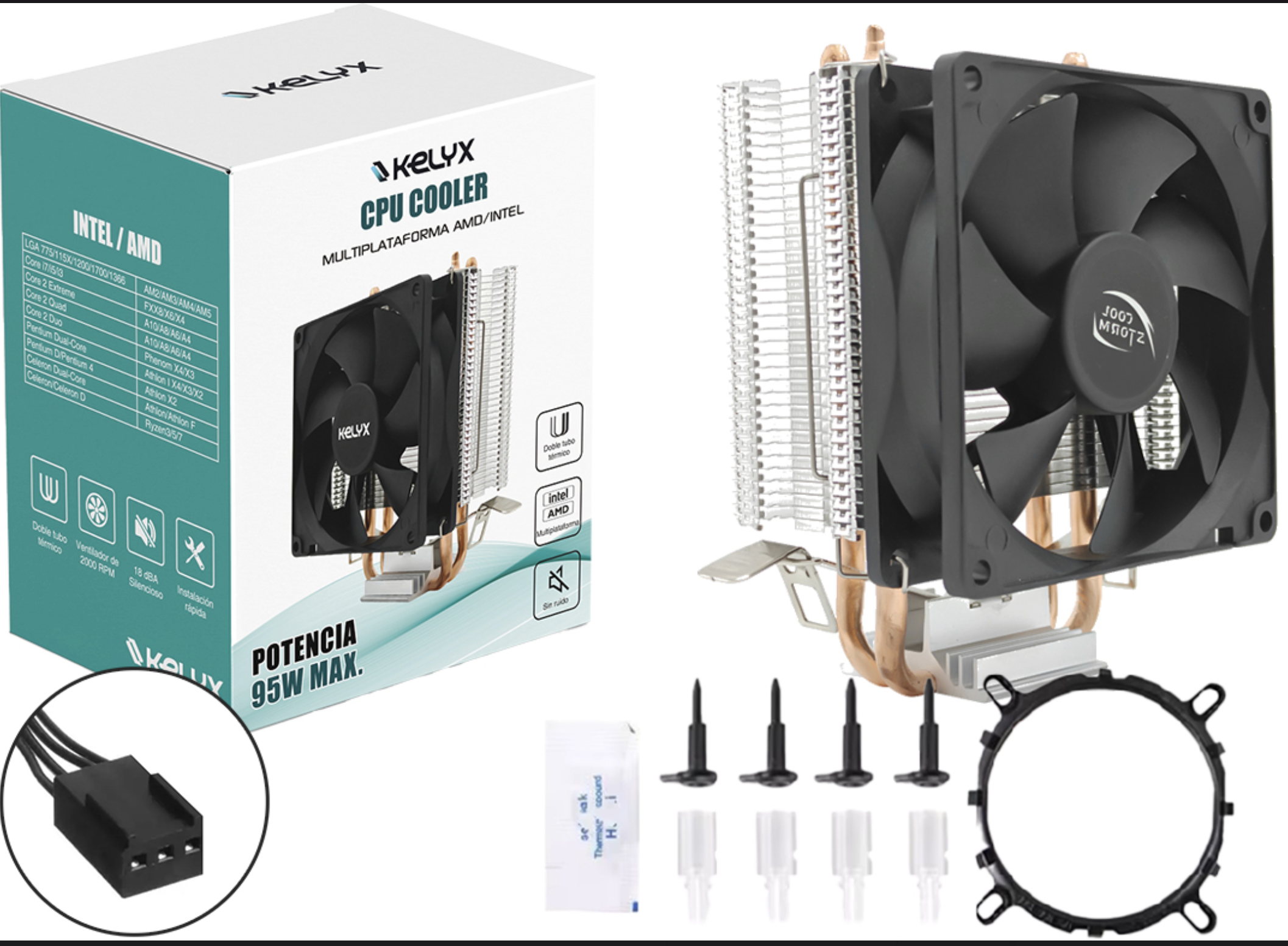COOLER KELYX 92MM 92X92X25MM 2000RPM TDP 95W COMPATIBLE CONECTOR 3 PINES INTEL 775 1150 1151 1155 1156 1200 1700 AMD AM2 AM2+ AM3 AM3+ AM4 AM5 FM1 FM2