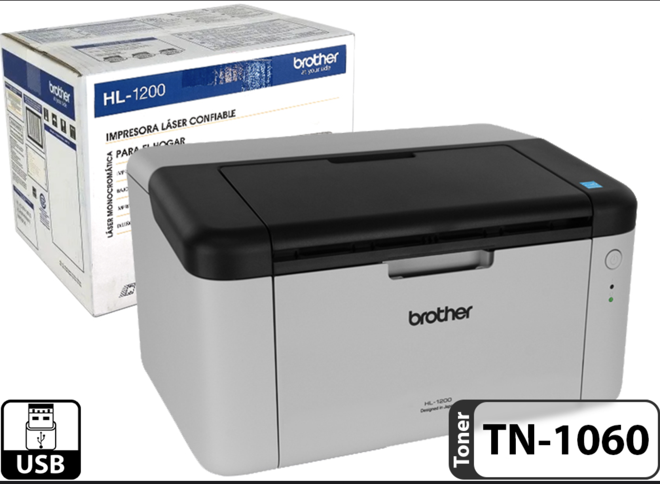 IMPRESORA BROTHER HL-1200 HL1200 LASER - SOLO POR CABLE USB - USA TONER ECONOMICO TN-1060