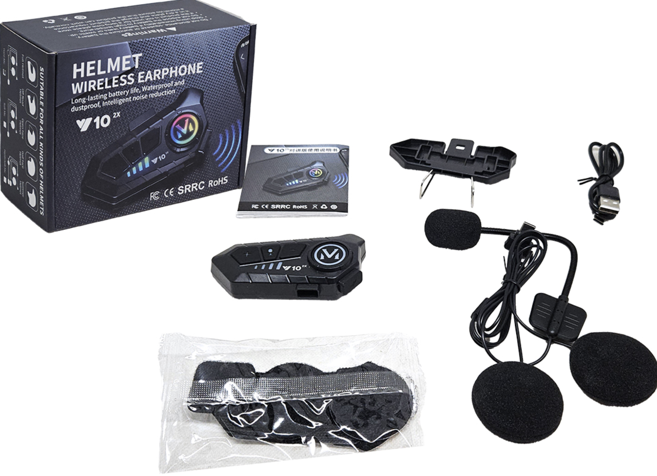 INTERCOMUNICADOR DE MOTO Y10-2X MICROFONO RIGIDO BLUETOOTH 5.3 IPX6 BATERIA 1000MAH INCLUYE ACCESORIOS Y VELCROS
