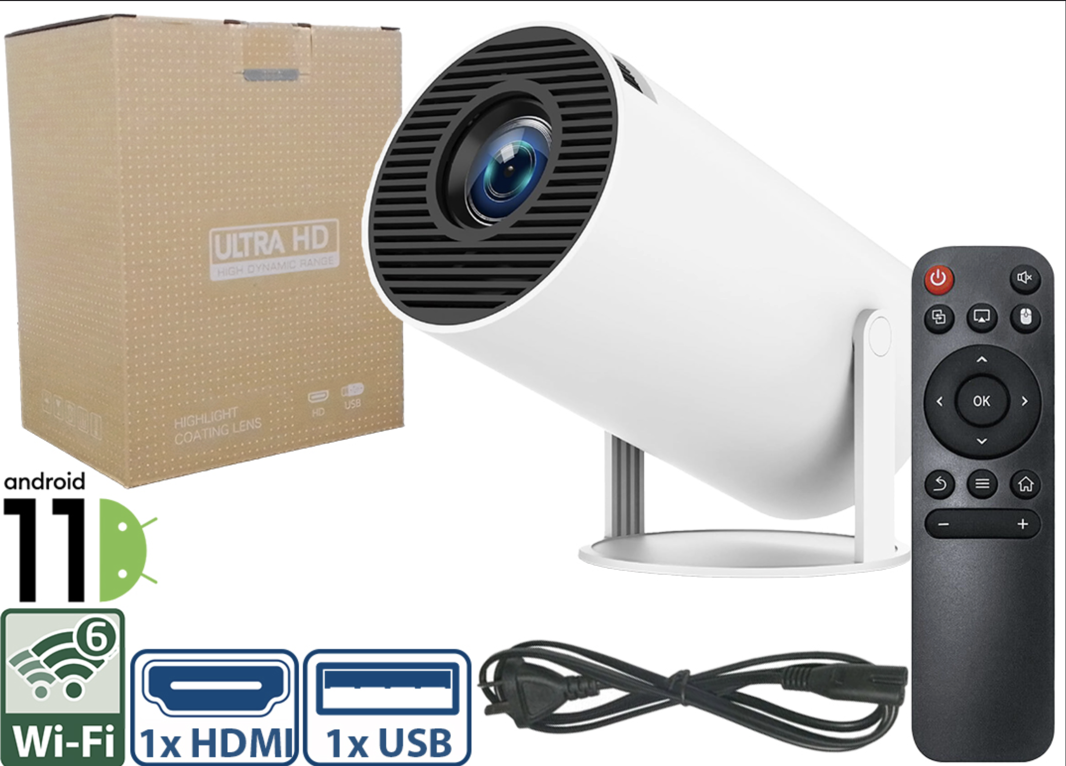 PROYECTOR TRANSPEED HY300PRO 1GB 8GB 1080P 1XHDMI 1XUSB SMART DUAL BAND WIFI6 BLUETOOTH ANDROID 11 - INCLUYE CABLE DE ALIMENTACION Y CONTROL REMOTO 2X