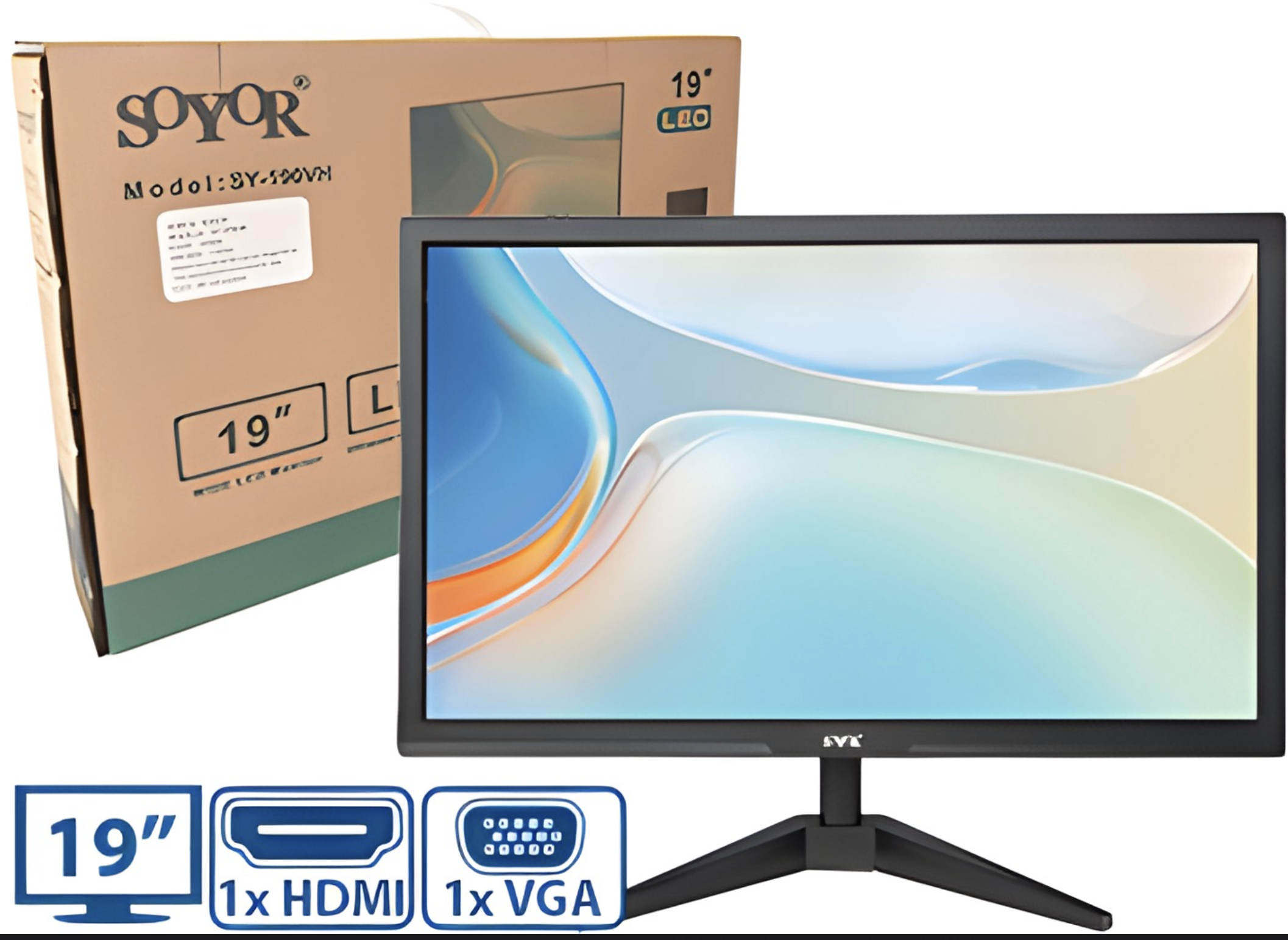 MONITOR SOYOR 19 VGA HDMI LED 60HZ 1440X900 8000:1 3MS INCLUYE TRANSFORMADOR 12V 3A Y CABLE HDMI / VGA - OUTLET - PIXELES DEFECTUOSOS
