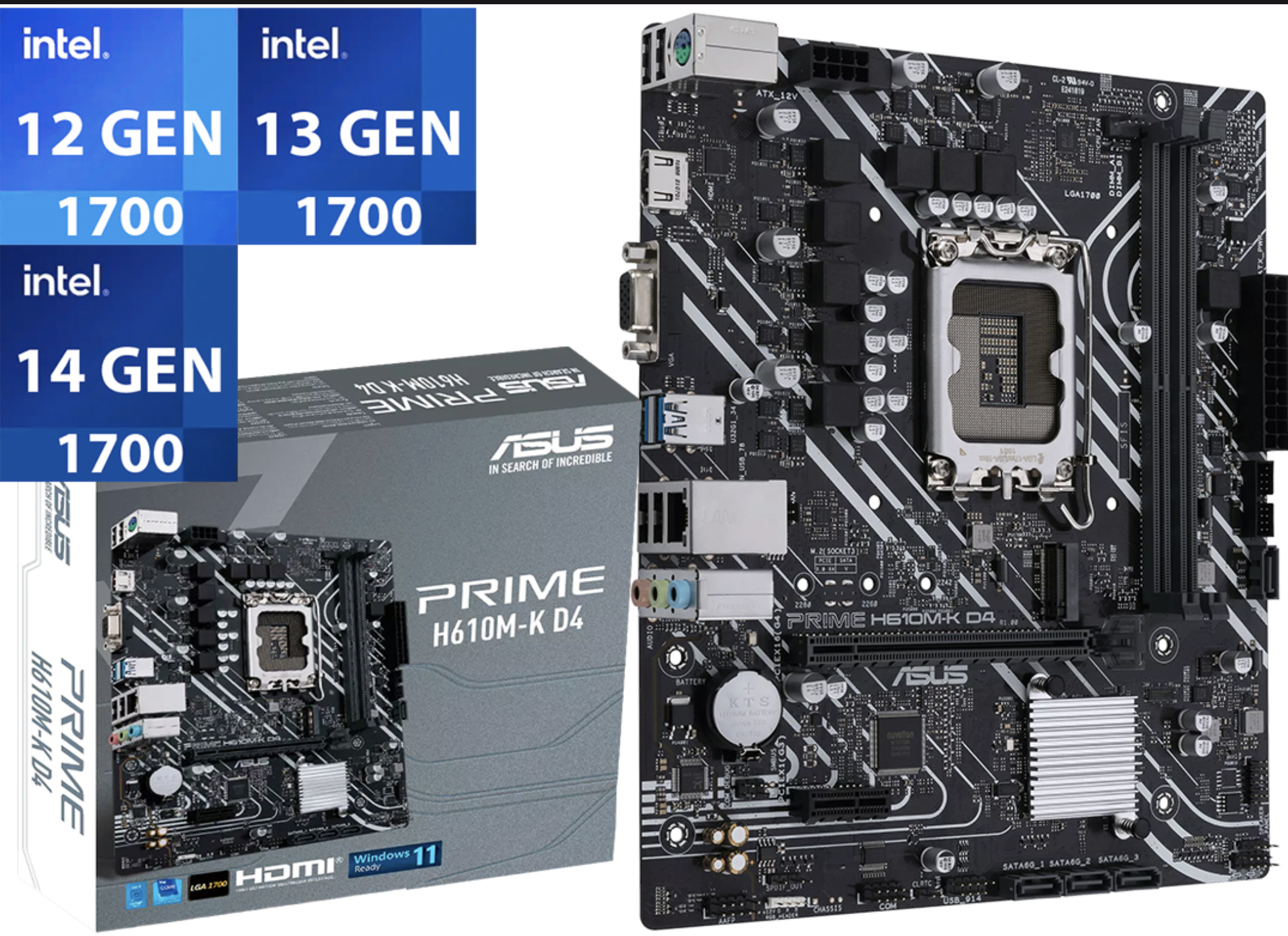 MOTHER ASUS PRIME H610M-K D4 Rev. 1.01 - VGA HDMI 2XDDR4 1XPS2 4XUSB2.0 2XUSB3.1 1XPCIEX16 1XPCIEX1 4XSATA RJ45 1XM2 1700 COMPATIBLE GENERACION 12 13 