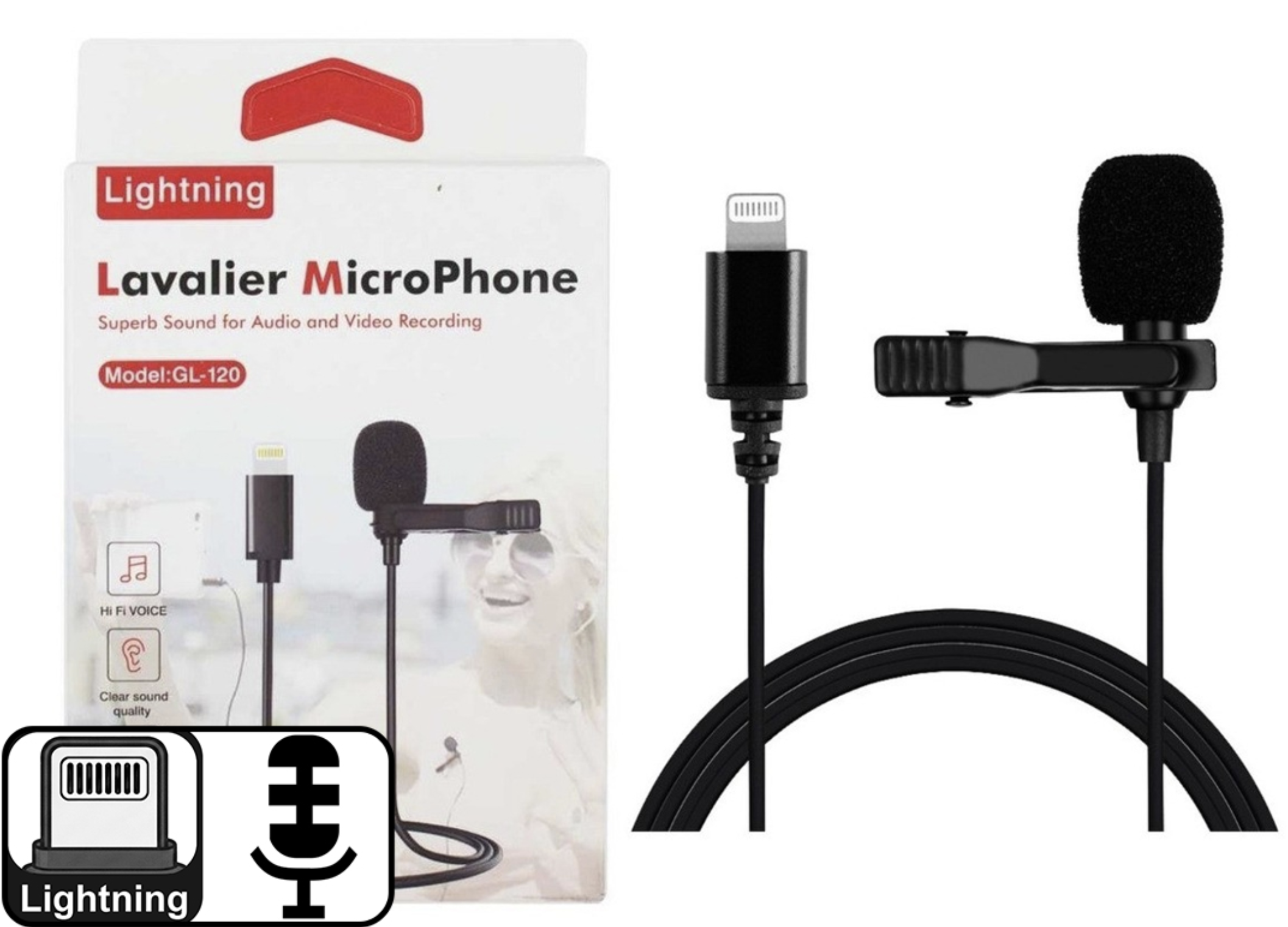 MICROFONO CORBATERO LAVALIER GL-120 CONECTOR LIGHTNING 8 PINES CABLE 1.5MTS