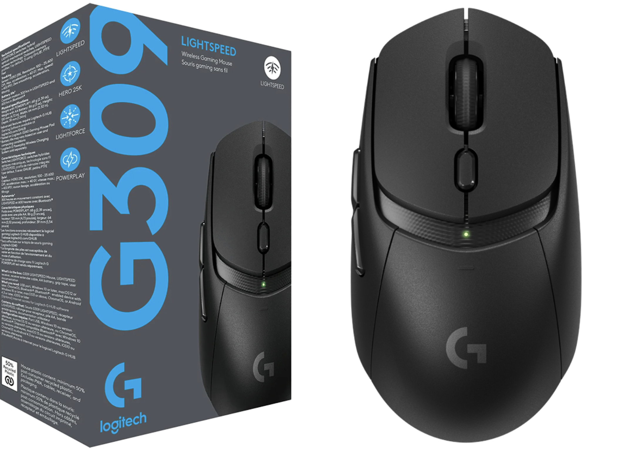 MOUSE LOGITECH G309 LIGHTSPEED SENSOR HERO 25K MECANICO HIBRIDO PESO 68G 2 EN 1 INALAMBRICO Y BLUETOOTH NEGRO