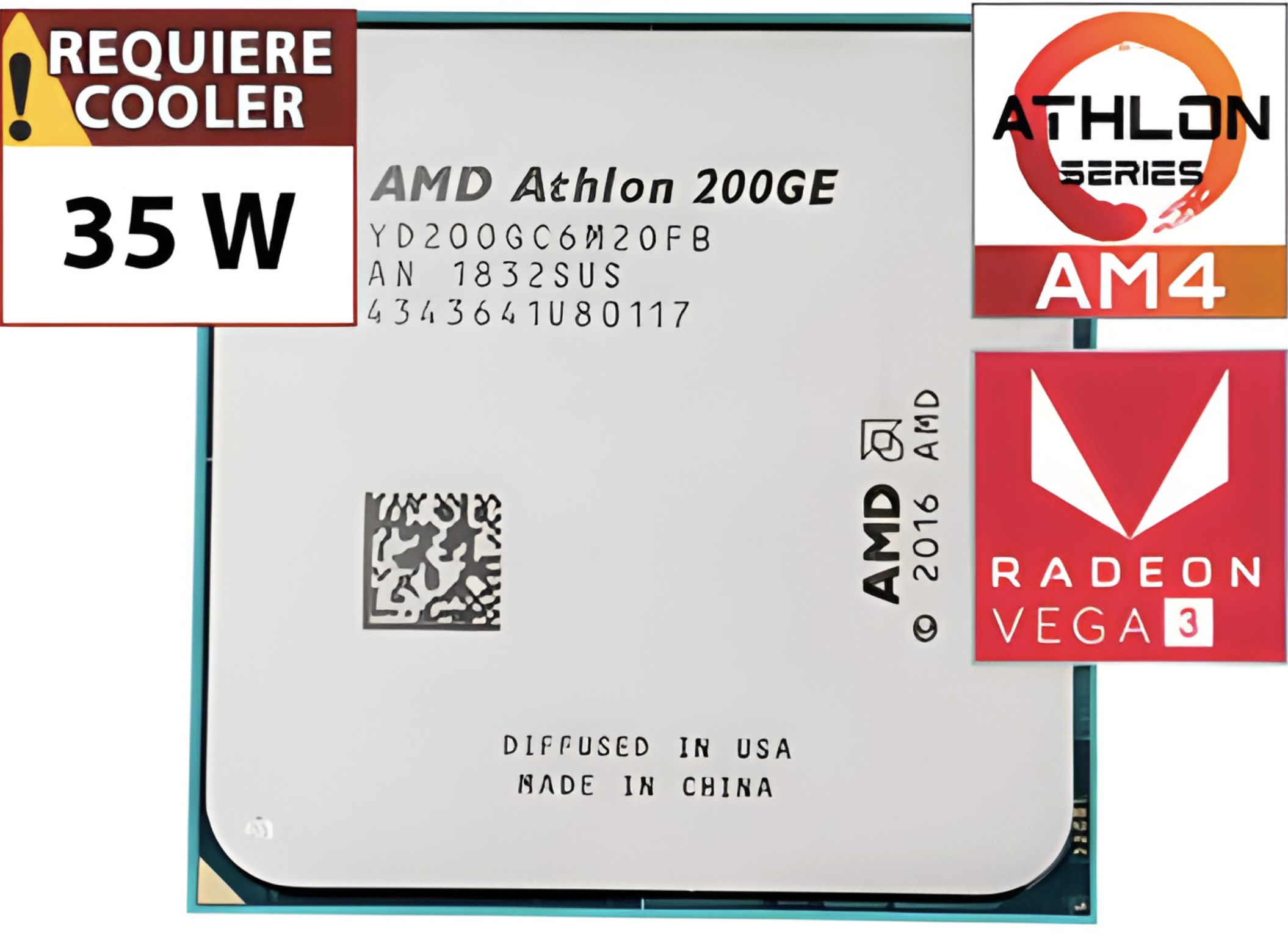 PROCESADOR AMD ATHLON 200GE 3.2GHZ 2 NUCLEOS 4 HILOS + 3 GPU 5MB 35W RADEON VEGA 3 1000MHZ AM4 - OUTLET - USADO - SIN CAJA NI COOLER