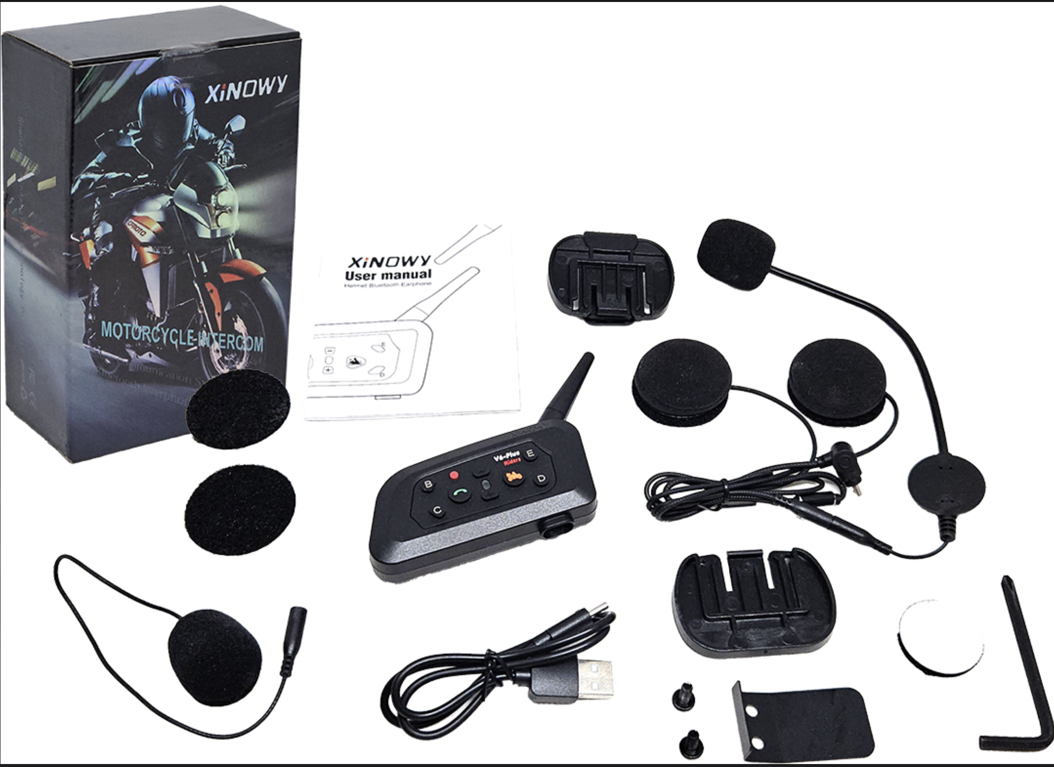 INTERCOMUNICADOR DE MOTO XINOWY V6 PLUS BLUETOOTH 5.3 IPX6 IP65 BATERIA 850MAH INCLUYE ACCESORIOS Y VELCROS AUTOHADESIVOS