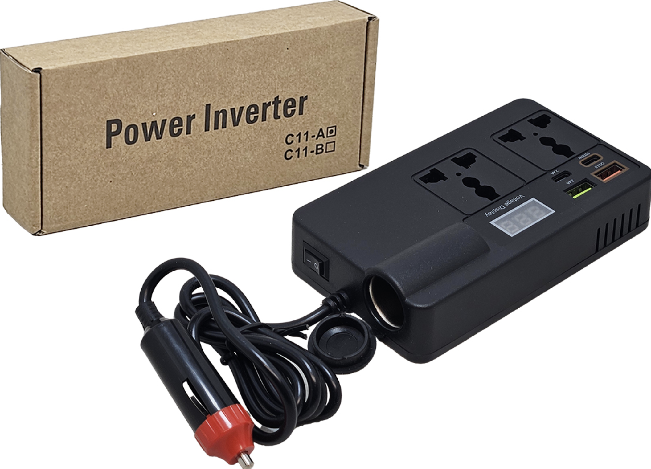 INVERSOR DE CORRIENTE 12V 24V A 220V 2XUSB 2XUSBTIPOC HASTA 200W REAL 100W ENCHUFE UNIVERSAL DISPLAY CON VOLTAJE