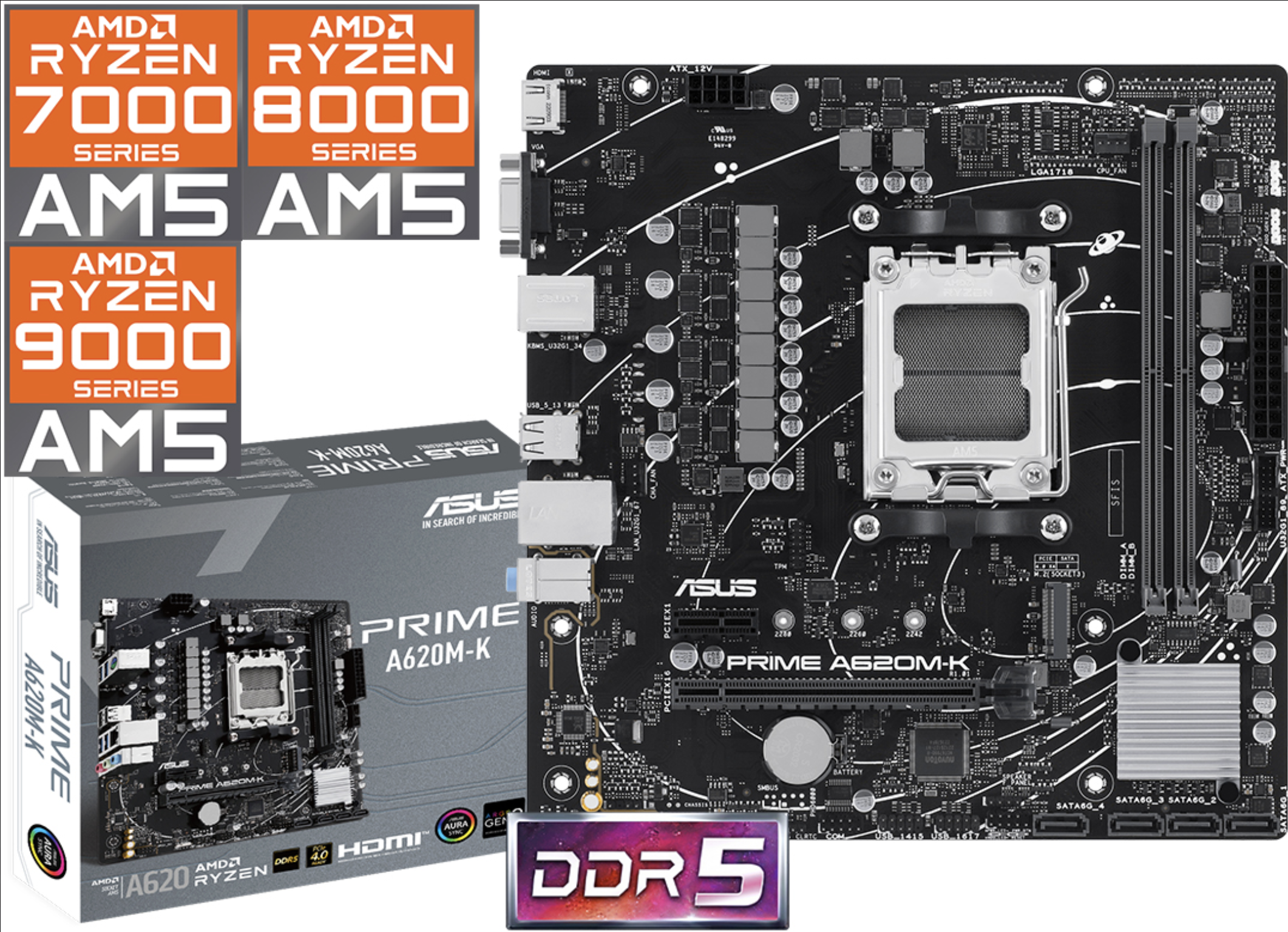 MOTHER ASUS PRIME A620M-K 1XVGA 1XHDMI 2XDDR5 2XPS2 6XUSB 1XPCIEX16 1XPCIEX1 4XSATA 1XM2 RJ45 7.1 AM5 RYZEN SERIE 7000 8000 9000 - SOPORTA HASTA 120W 