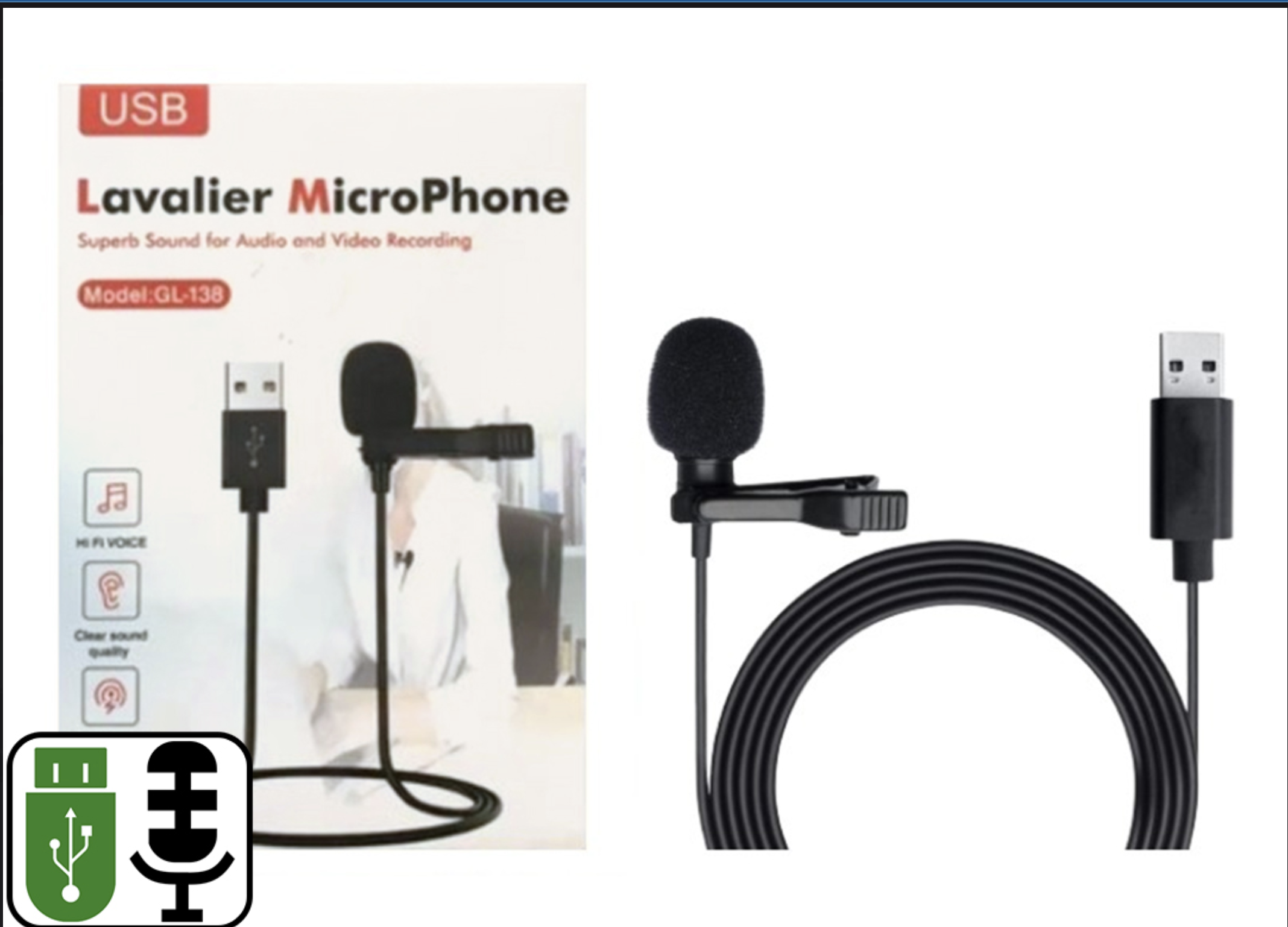 MICROFONO CORBATERO LAVALIER GL-138 CONECTOR USB CABLE 1.5MTS
