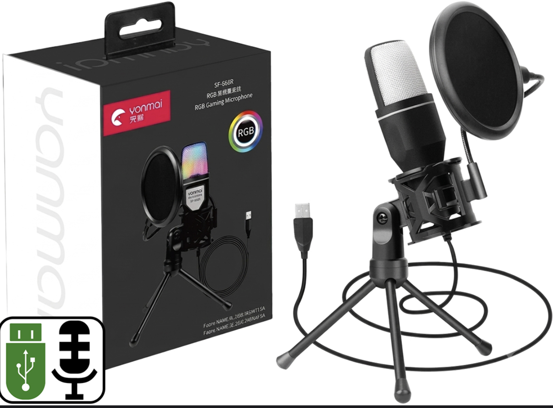 MICROFONO YANMAI SF-666R USB CABLE 1.35MTS OMNIDIRECCIONAL CON CONDESNADORES Y REDUCCION DE RUIDO RGB INCLUYE TRIPODE