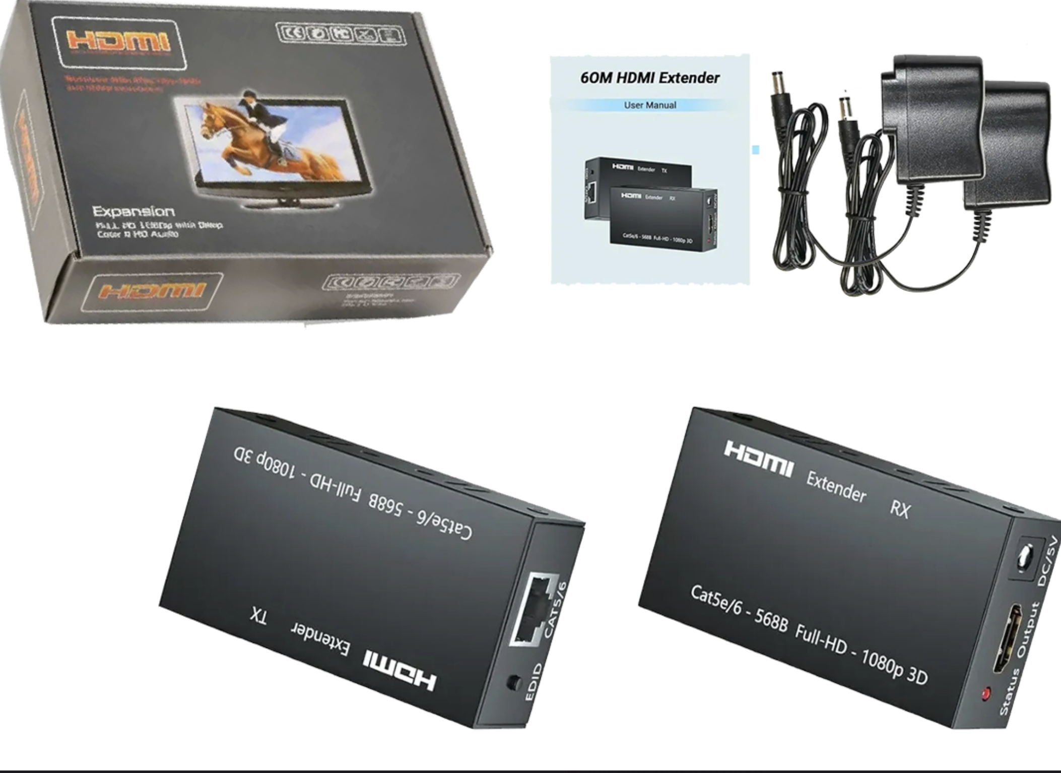 ADAPTADOR BALUN EXTENSOR HDMI 60MTS FULL HD 1080P ALARGUE POR PAR ACTIVO ENTRADA CORRIENTE 5V 5.5x2.5MM 2 TRANSFORMADORES 5V 2A 5.5X2.5MM INCLUIDOS