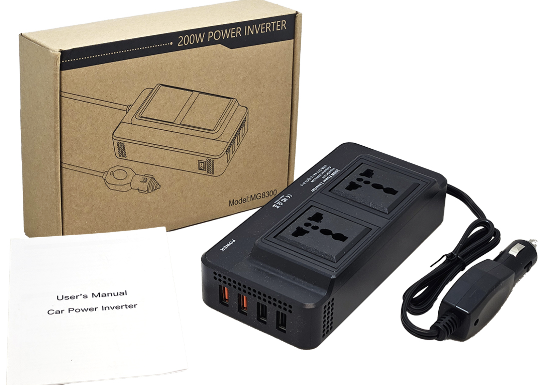INVERSOR DE CORRIENTE 12V A 220V 2XUSB 5V 2.4A + 2XUSB QC3.0 HASTA 200W REAL 100W ENCHUFE UNIVERSAL DISPLAY CON VOLTAJE