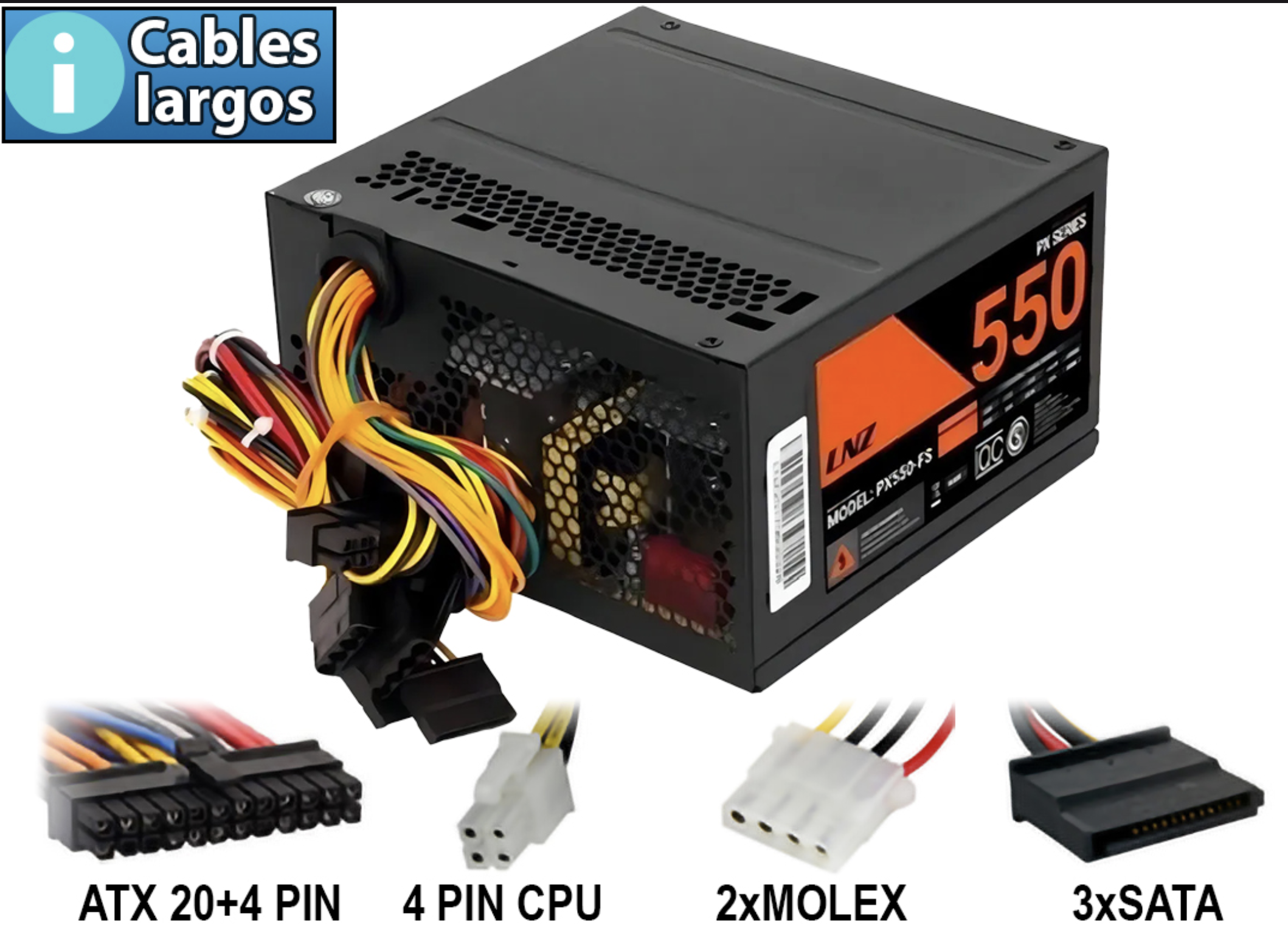 FUENTE LNZ 550W FB550-LX +12V 32A 1X20+4PINESATX 40CM 1X4PINESCPU 40CM 3XSATA 2XMOLEX 50CM CABLES LARGOS