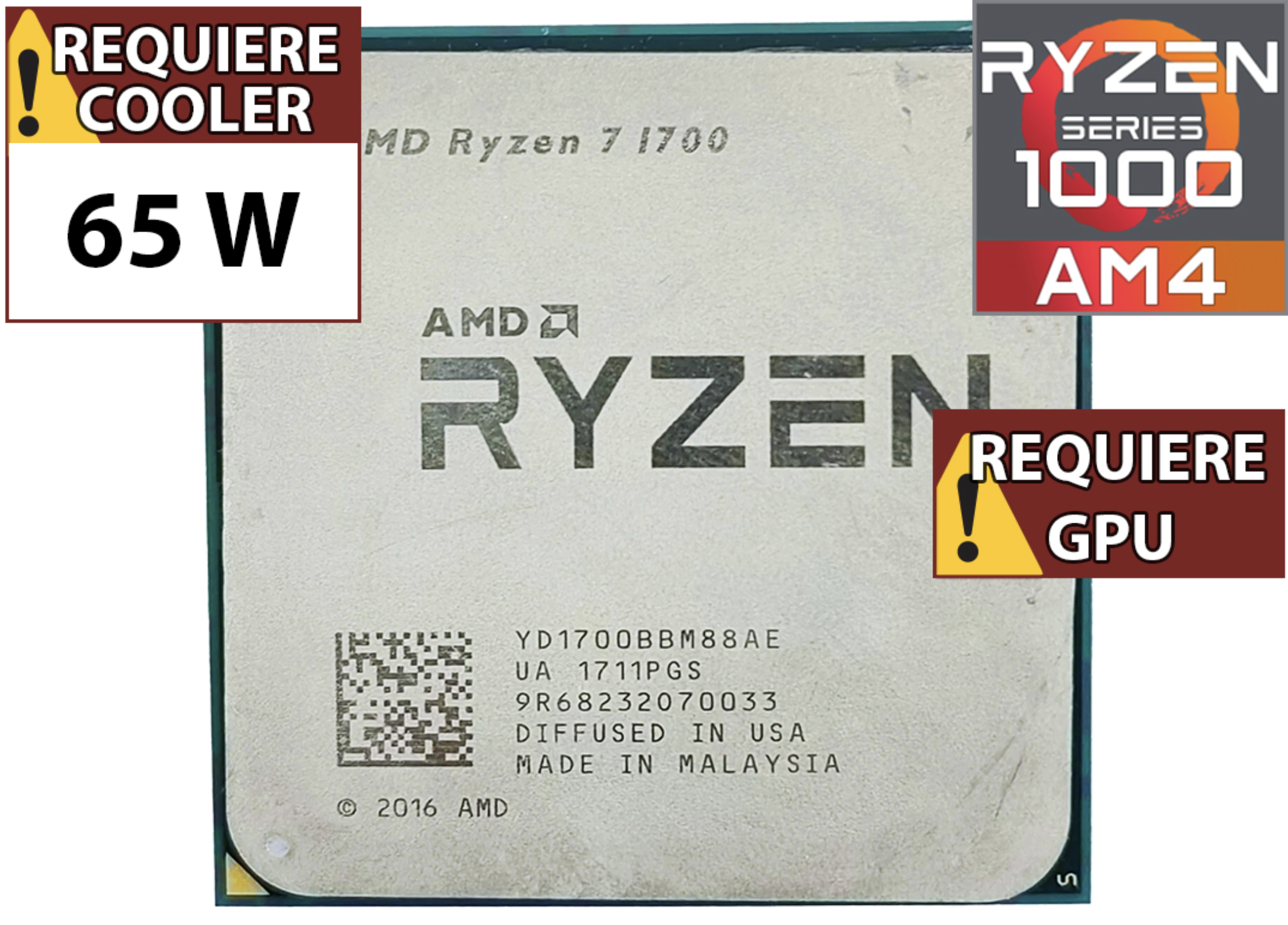 PROCESADOR AMD RYZEN 7 1700 3.0GHZ 8 NUCLEOS 16 HILOS 16MB CACHE TDP 65W AM4 - OUTLET - USADO - OEM - NO TRAE VIDEO SIN CAJA NI COOLER VENTILADOR