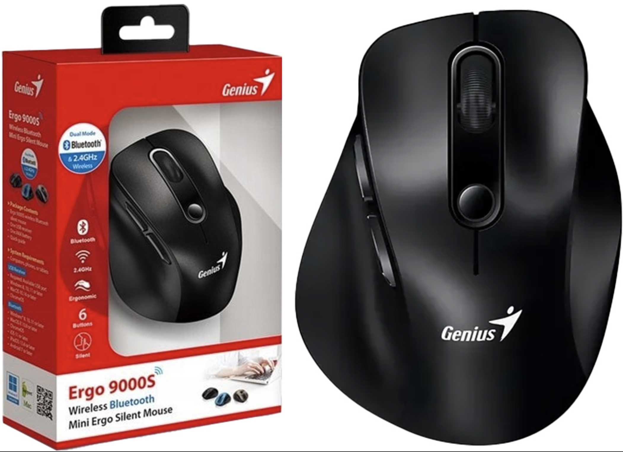MOUSE GENIUS ERGO 9000S DPI 800 1200 1600 2400 2 EN 1 INALAMBRICO 2.4GHZ + BLUETOOTH 5.3 NEGRO