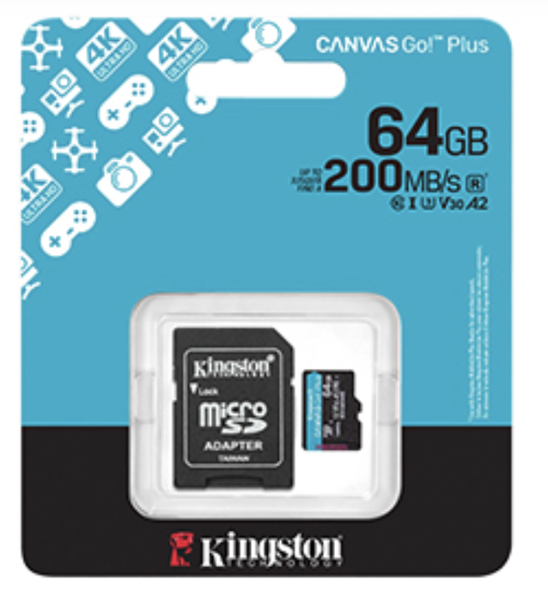 MICROSD 64GB 4K CLASE 10 KINGSTON CANVAS GO PLUS U3 V30 A2 4K 200MB CON ADAPTADOR A SD