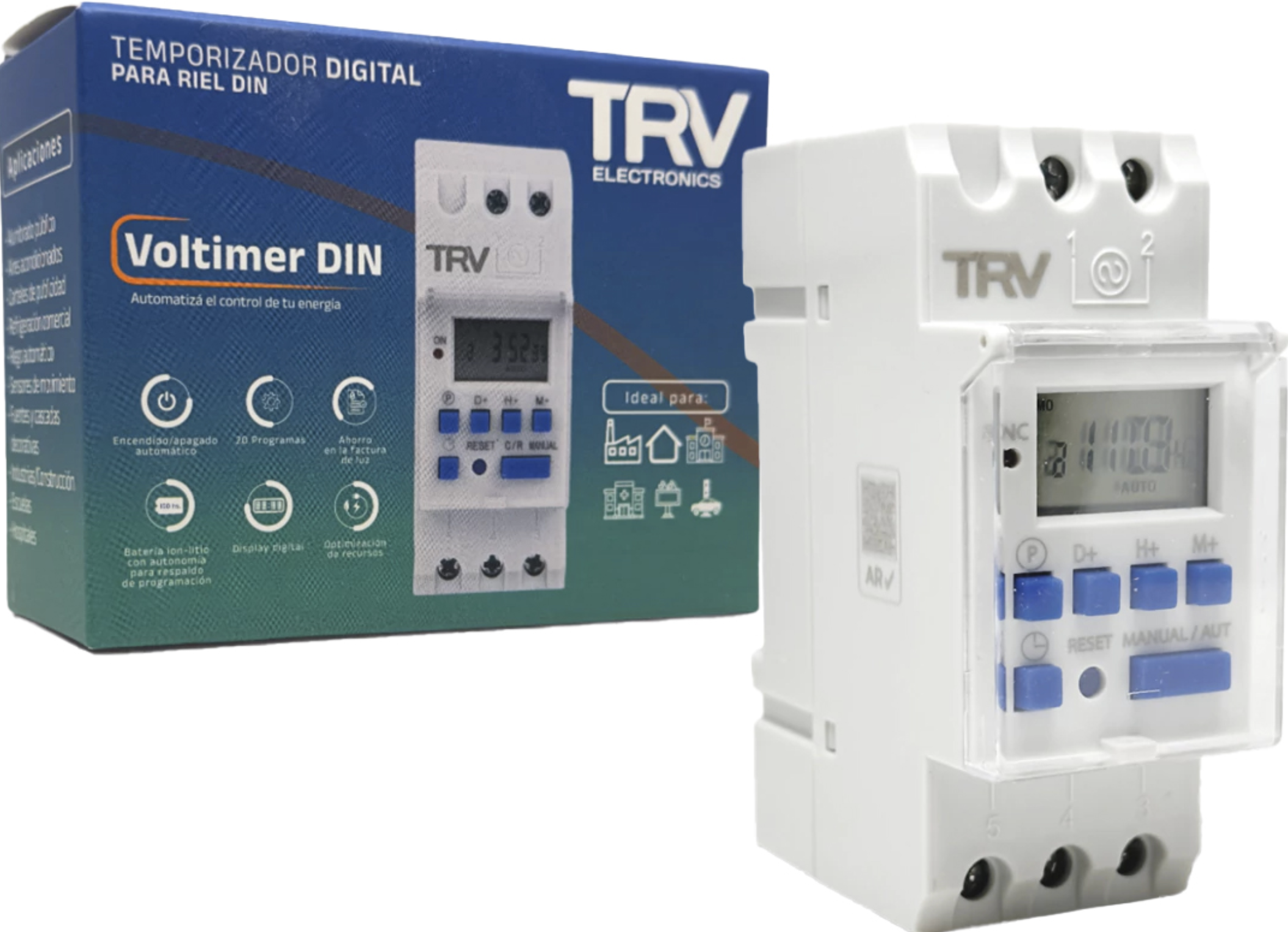 TEMPORIZADOR DIGITAL TRV TIPO DIN PROGRAMABLE 2200W 220V HASTA 10A 20 PROGRAMAS DISPLAY DIGITAL CON BATERIA DE LITIO PARA RESPALDO DE PROGRAMACION - D