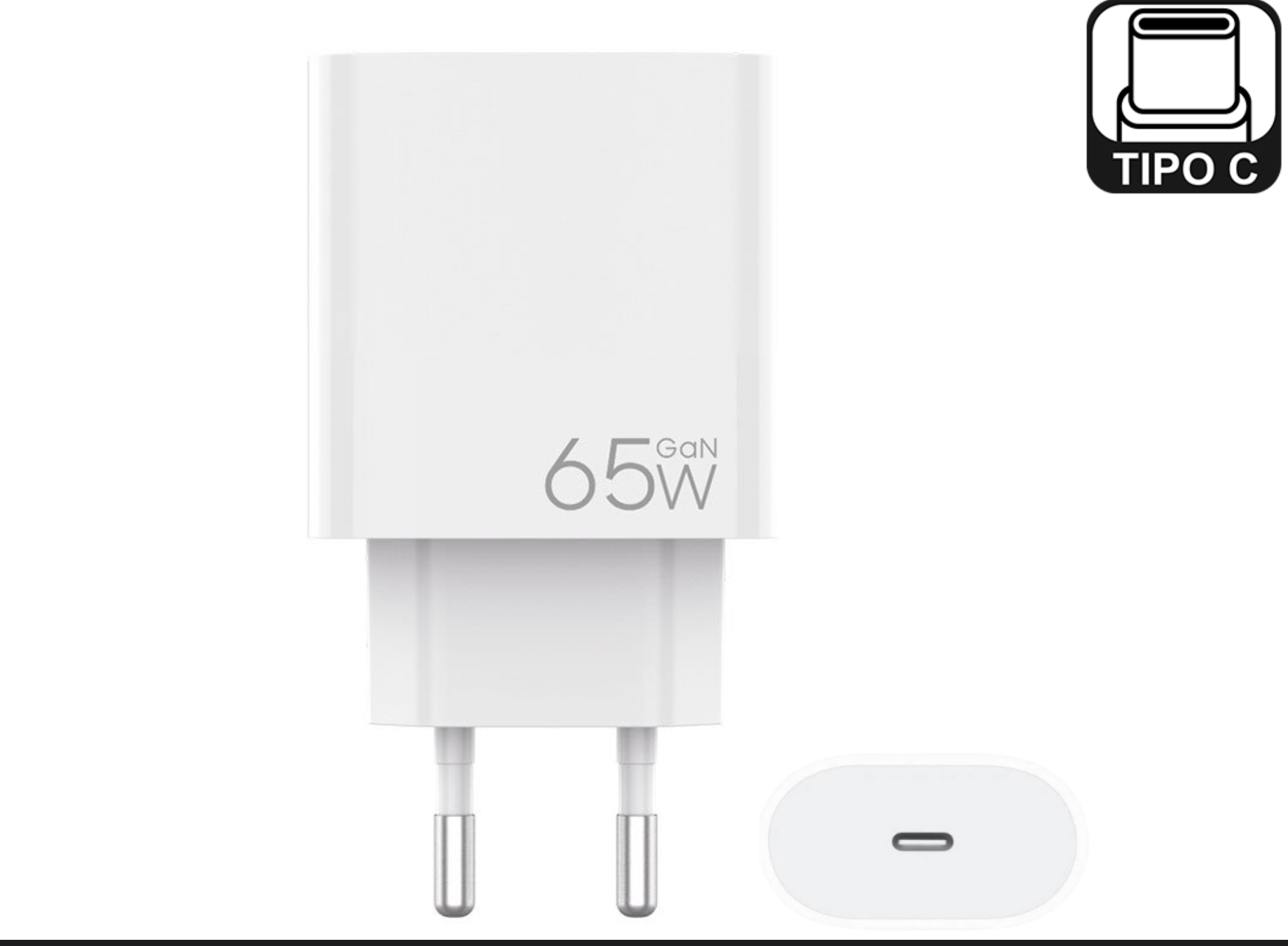 CARGADOR 220V 5V 9V 12V 15V 20V USB TIPO C H 65W PD65W CARGA RAPIDA PATAS REDONDAS NO INCLUYE CABLE EN CAJA BLANCA