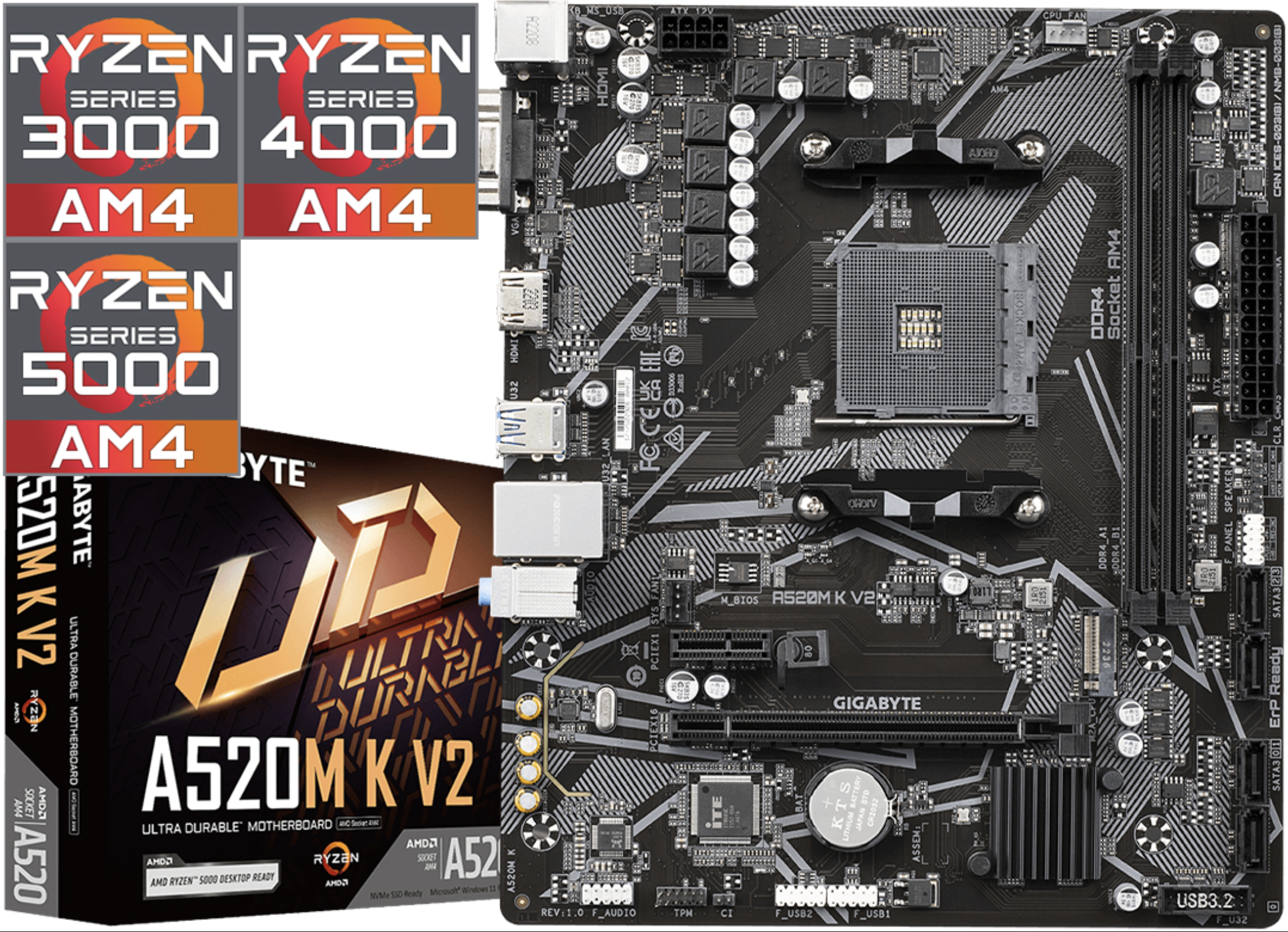 MOTHER GIGABYTE A520M K V2 2XDDR4 VGA HDMI 1XPS2 2XUSB2.0 4XUSB3.0 1XM2 NMVE 4XSATA AMD AM4 RYZEN SERIE 3000 4000 5000 3200G 3400G YA ACTUALIZADO - NO