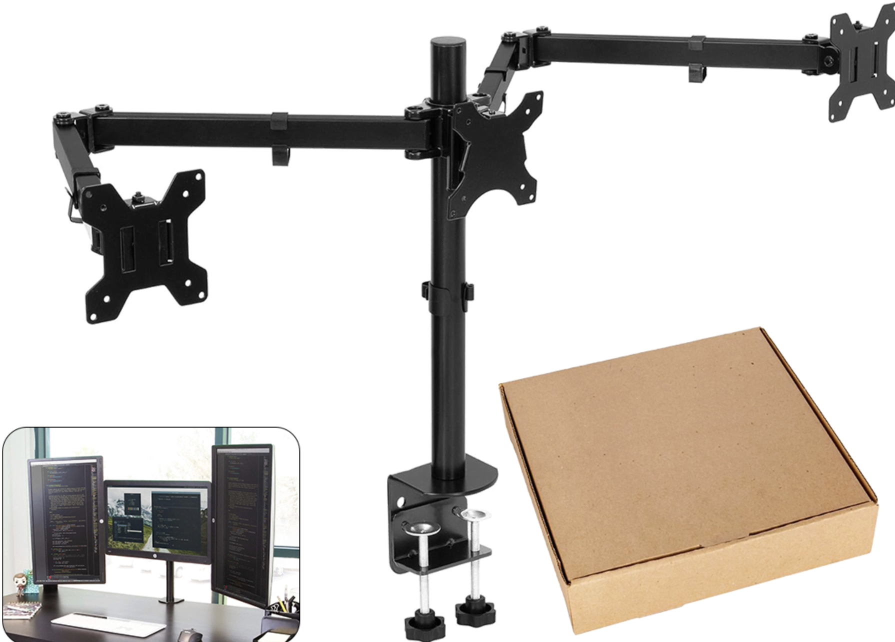 SOPORTE TRIPLE BRAZO 3 MONITOR 10 A 32 PULGADAS ALTURA MAXIMA 45CM VESA 75X75 100X100 MAXIMO 10KG PRENSA DE PRESION DOBLE MOVIL DE MESA INCLUYE TORNIL