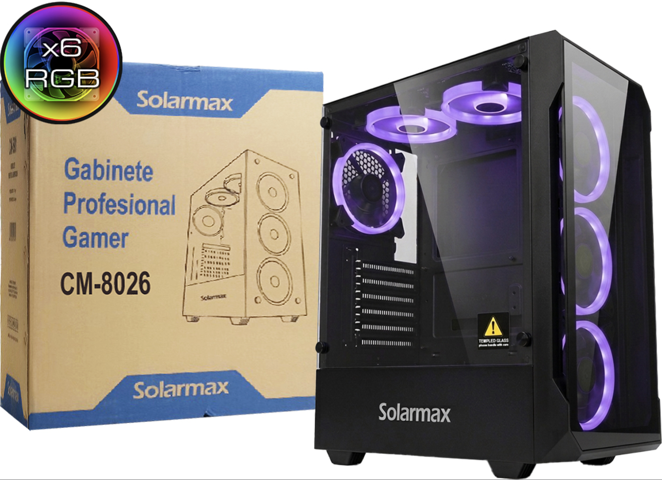 GABINETE SOLARMAX CM-8026 ATX MICROATX 6X COOLER 120MM RGB 3XUSB 1XJACK3.5MM DIMENSIONES 335X200X450MM NEGRO - VGA MAX 245MM