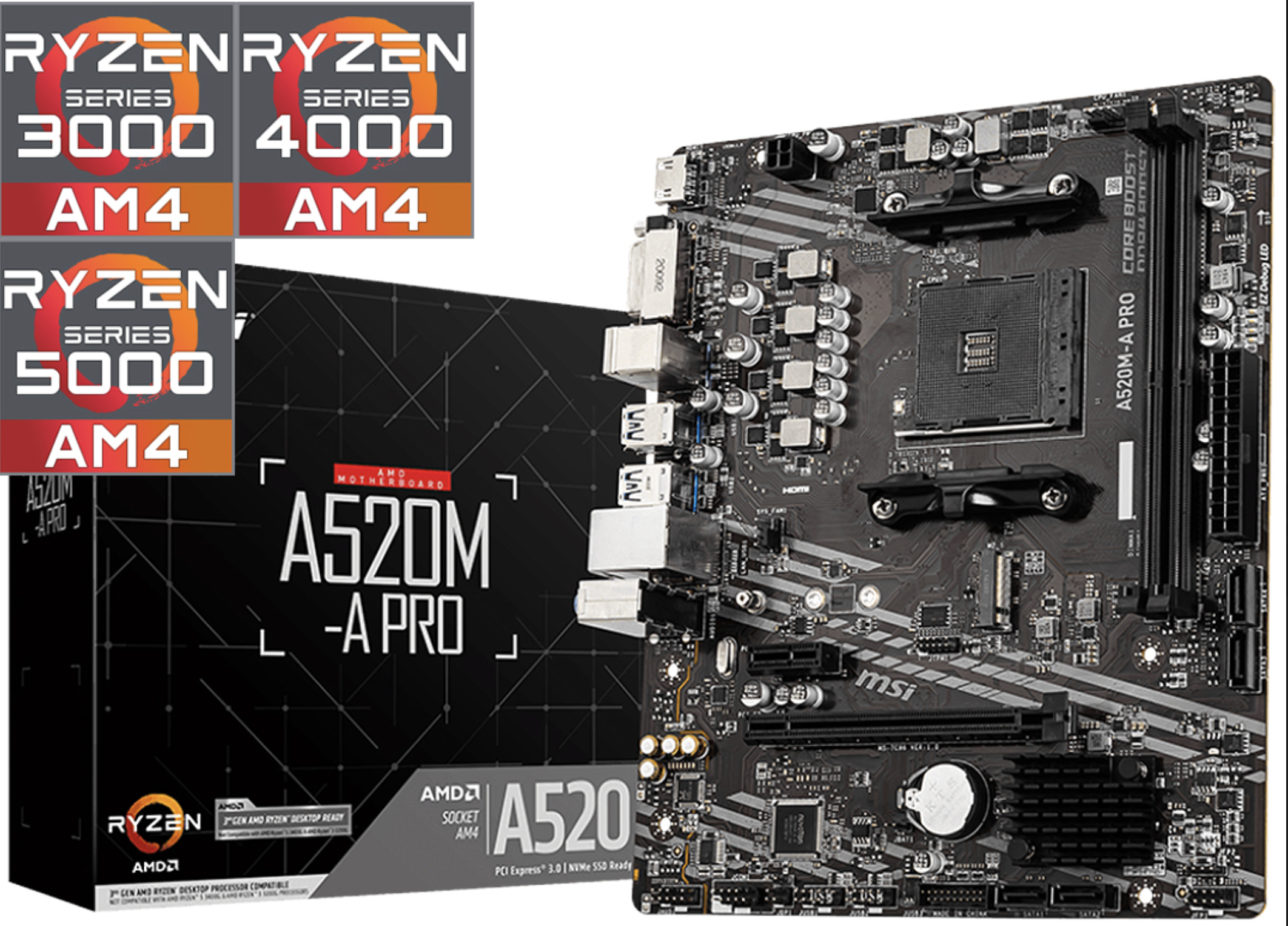 MOTHER MSI A520M-A PRO HDMI DVI-D 2XDDR4 2XPS2 6XUSB 1XPCIEX16 1XPCIEX1 4XSATA 1XM2 RJ45 7.1 AM4 RYZEN SERIE 3000 4000 5000 3200G 3400G YA ACTUALIZADO