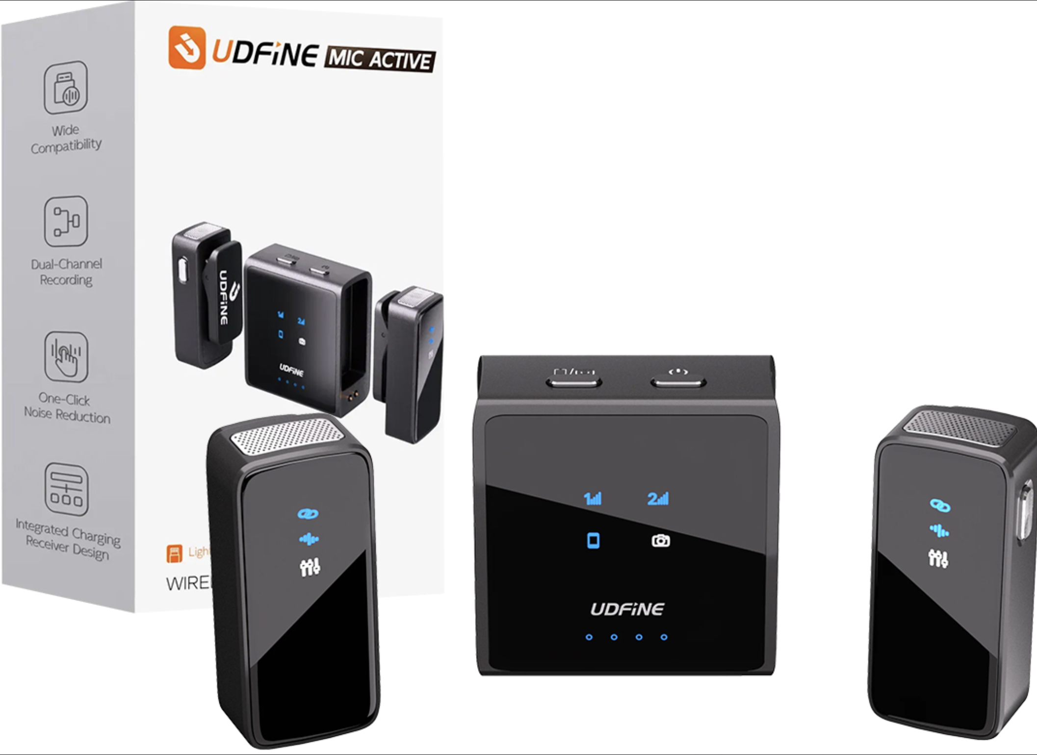 MICROFONO UDFINE MIC ACTIVE DUAL WIRELESS 2.4GHZ CANCELACION DE SONIDO CONEXION POR USB TIPO C O PLUG 3.5MM - INCLUYE RECEPTOR CON 2 MICROFONOS Y CABL