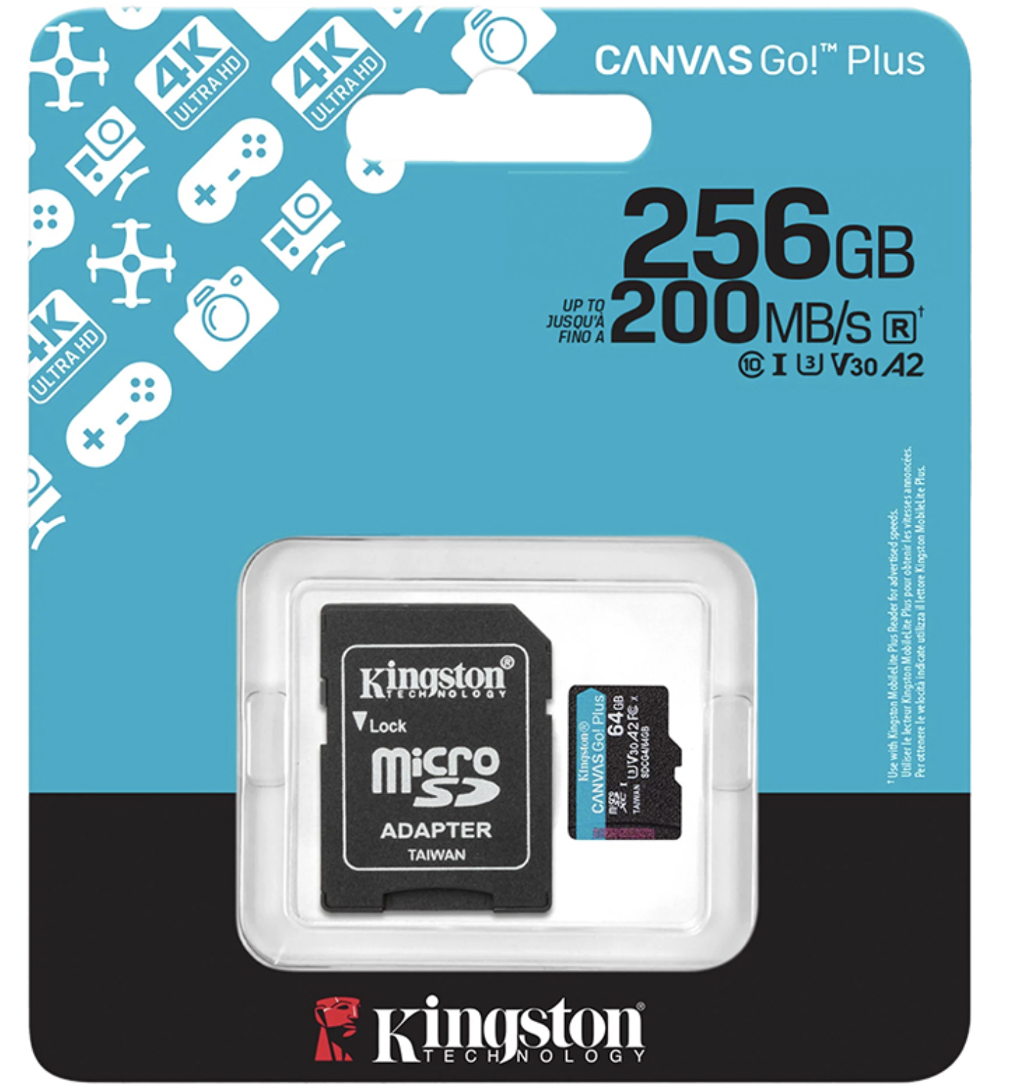 MICROSD 256GB 4K CLASE 10 KINGSTON CANVAS GO PLUS U3 V30 A2 4K 200MB CON ADAPTADOR A SD