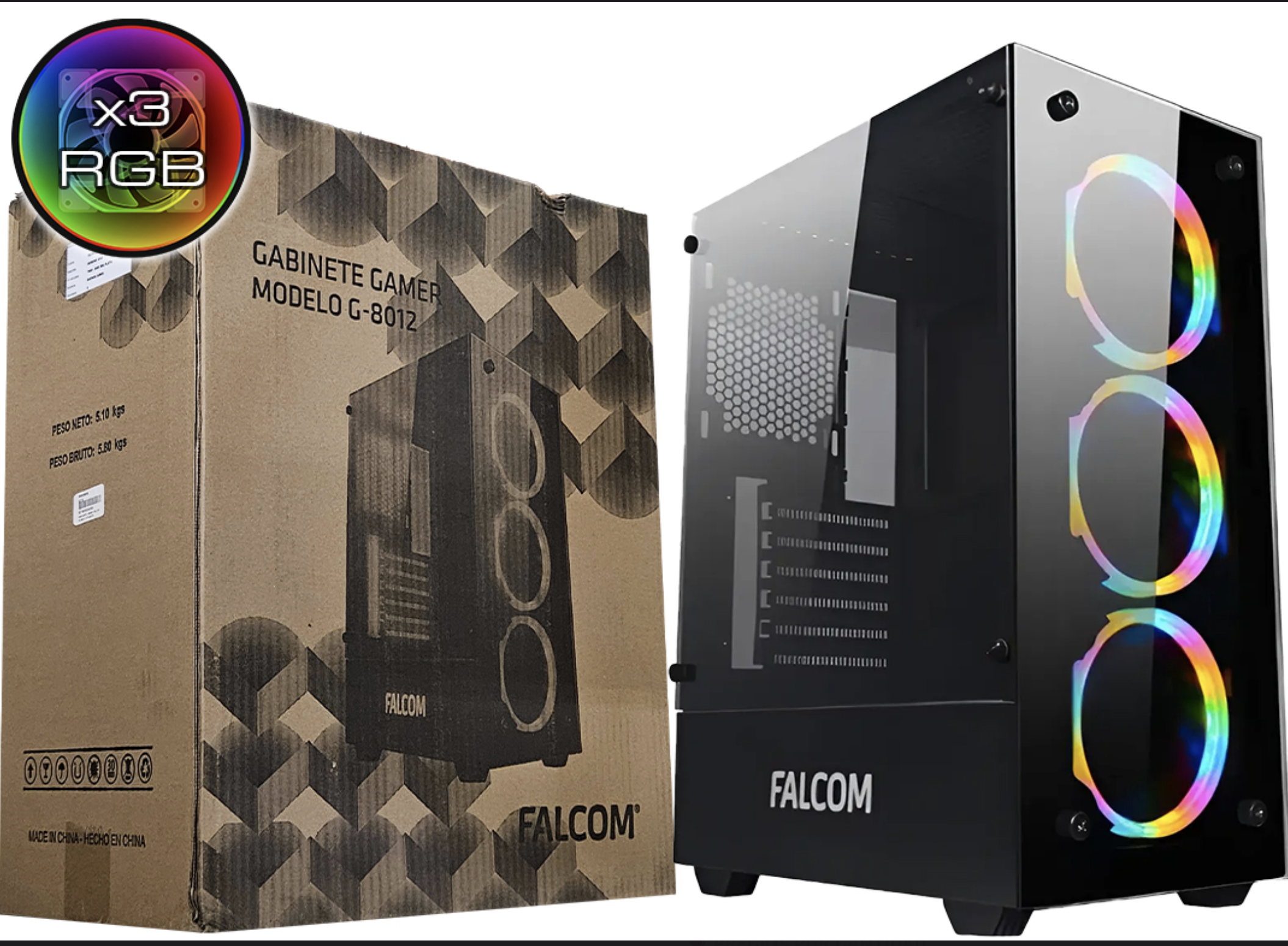 GABINETE FALCOM G-8012 ATX MICROATX ITX LATERAL TEMPLADO 2XUSB2.0 1XUSB3.0 JACK 3.5MM INCLUYE 3X120MM RGB 335X200X450MM NEGRO