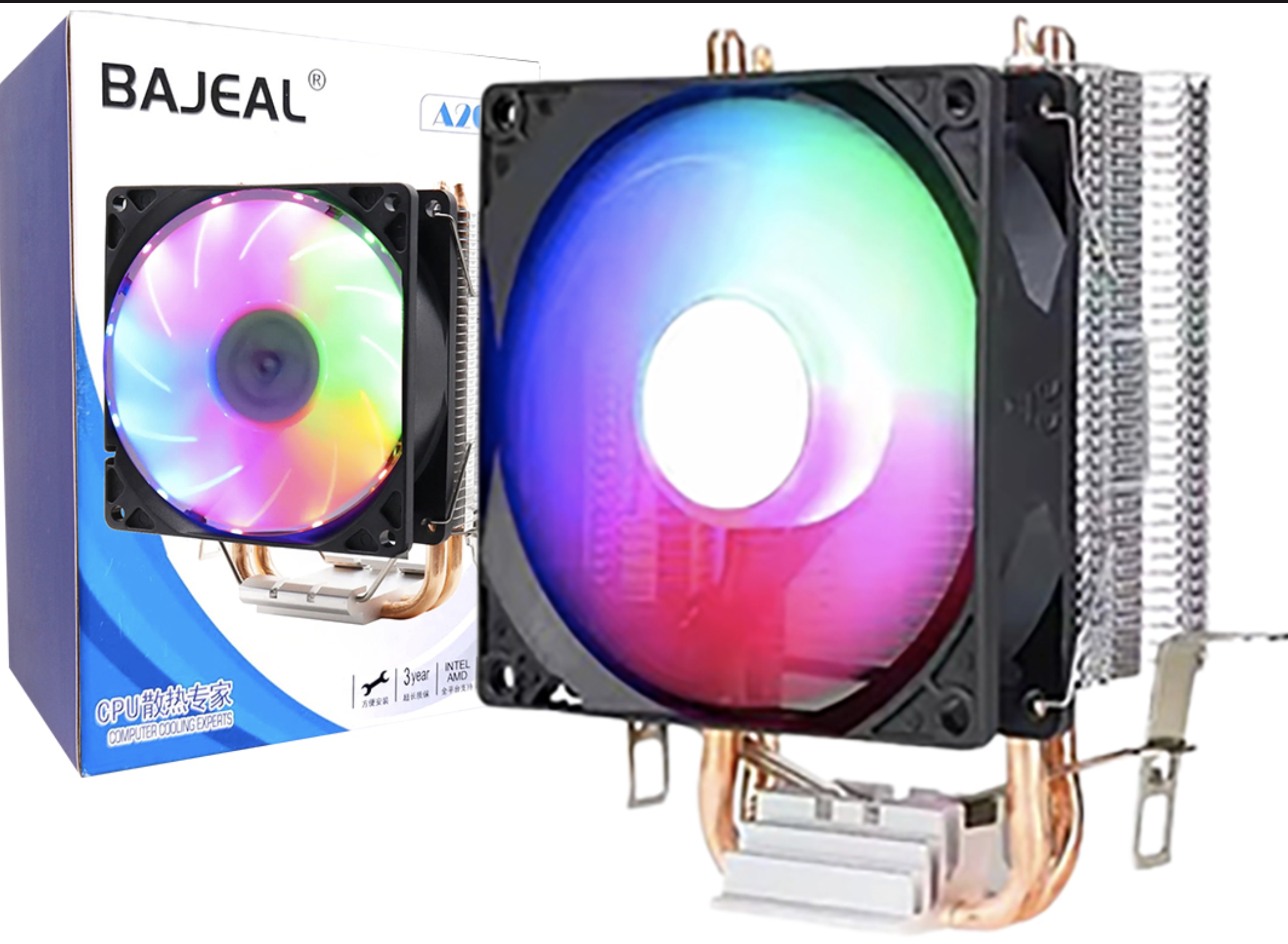 COOLER BAJEAL A200 RGB 2000RPM CONECTOR 3 PINES INTEL 775 1150 1151 1155 1156 1200 1700 AMD AM2 AM2+ AM3 AM3+ AM4 AM5 FM1 FM2 DIMENSIONES 92X63X135MM 