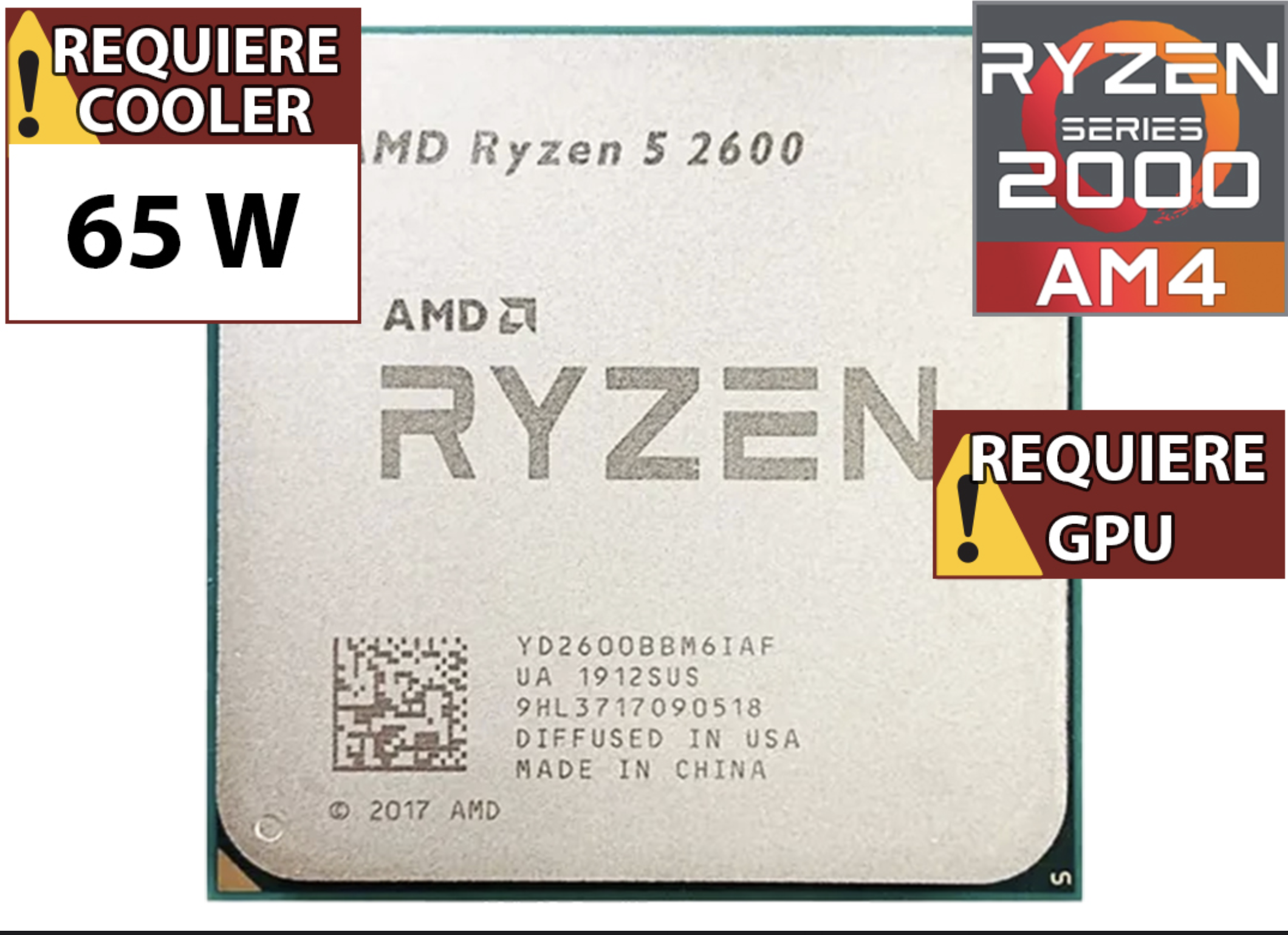 PROCESADOR AMD RYZEN 5 2600 3.4GHZ TURBO 3.9GHZ 6 NUCLEOS 12 HILOS 16MB L3 CACHE 65W AM4 - OUTLET - USADO - NO TRAE VIDEO - SIN CAJA NI COOLER VENTILA