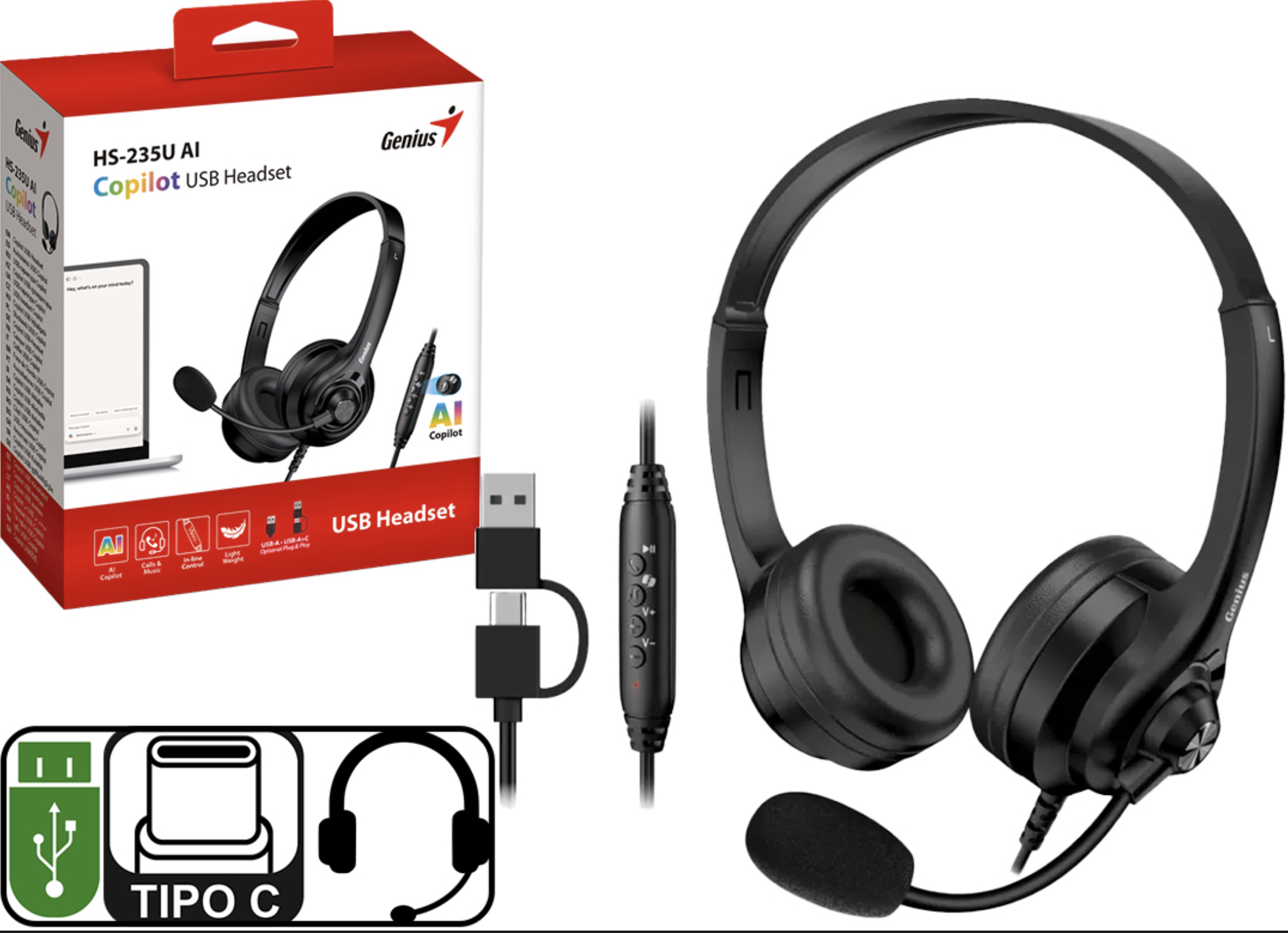 AURICULAR VINCHA GENIUS HS-235U CABLE 2.4MTS 2 EN 1 CONECTOR USB TIPO C CON ADAPTADOR A USB CON MICROFONO CONTROL DE VOLUMEN PLAY Y MUTE DE MICROFONO 