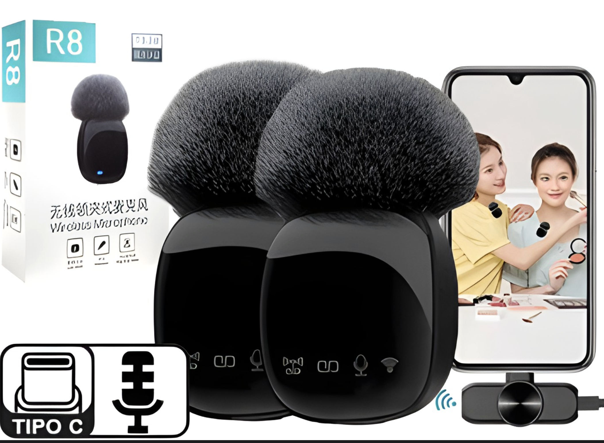 MICROFONO R8 SOLO TELEFONOS USB TIPO C X2 UNIDADES BLUETOOTH ENTREVISTAS PERIODIOSMO AIRE LIBRE BATERIA 400MAH ANDROID