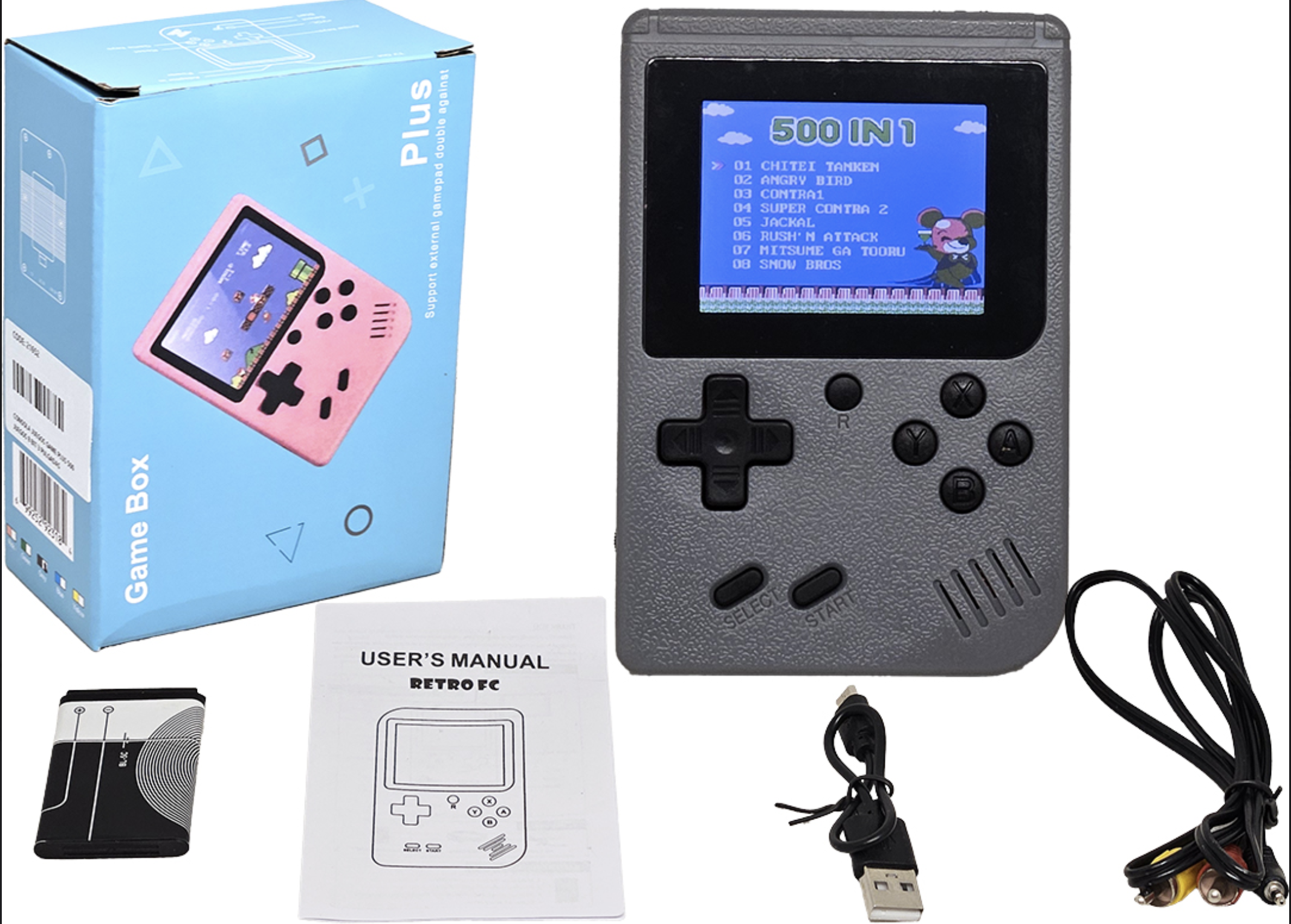 CONSOLA JUEGOS GAME PLUS 500 JUEGOS 8 BIT NES FAMILY GAME CONTROL DE VOLUMEN BATERIA BL-5C 1200MAH 3 PULGADAS GRIS
