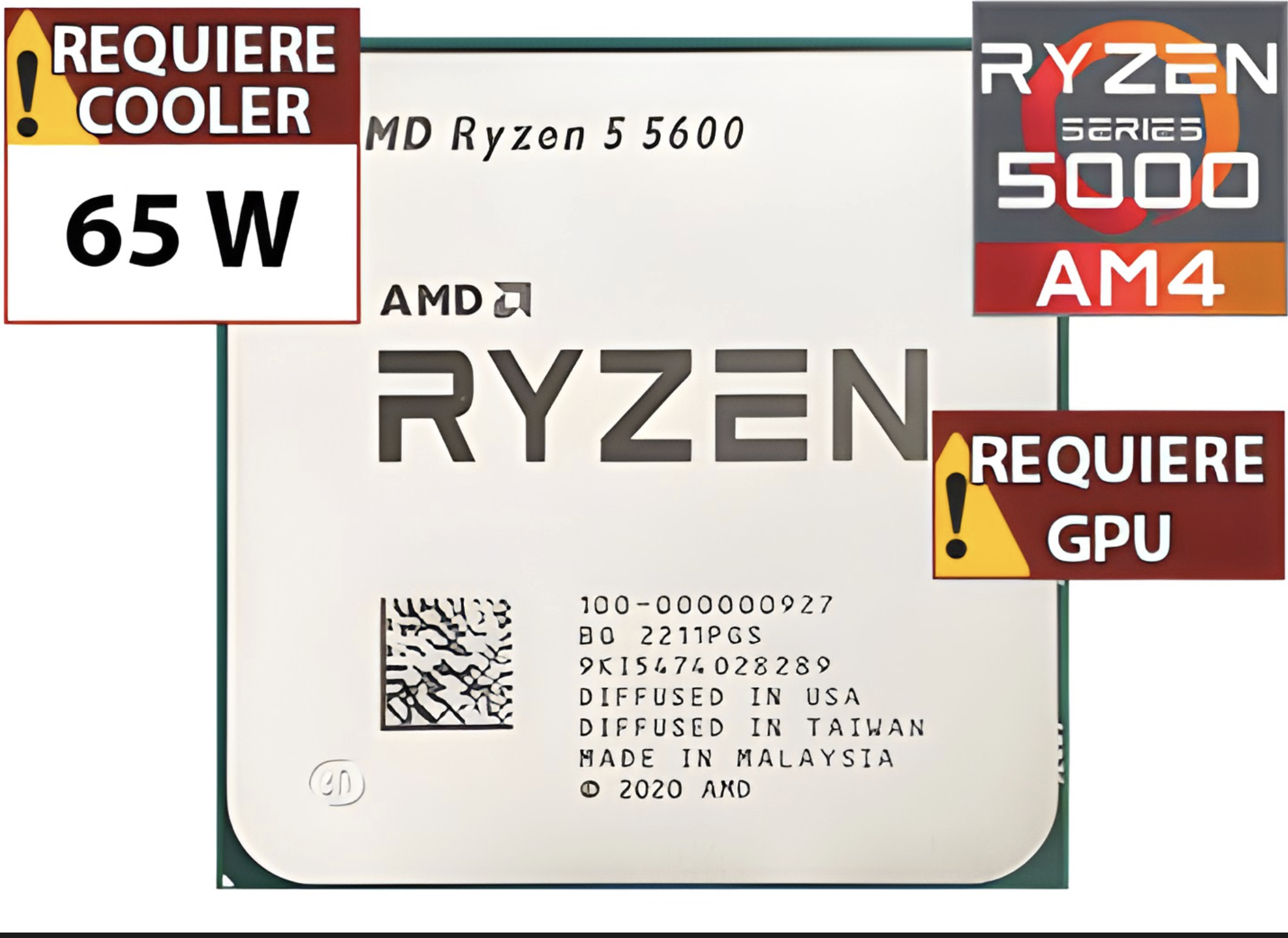 PROCESADOR AMD RYZEN 5 5600 3.5 GHZ 6 NUCLEOS 12 HILOS 35 MB L3 CACHE 65W AM4 - NO TRAE COOLER - NO TRAE VIDEO INTEGRADO - OUTLET - USADO - OEM - SIN 