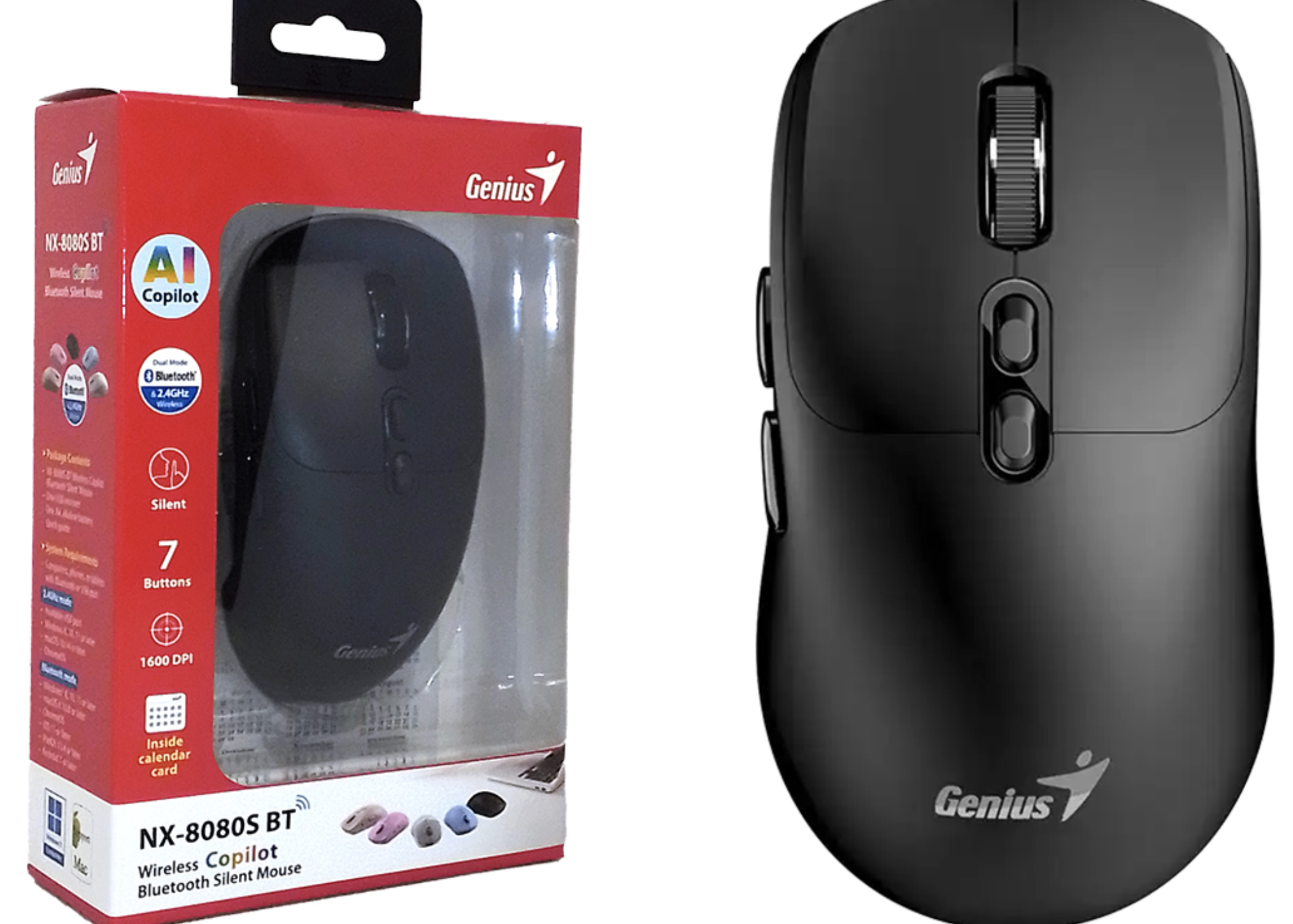 MOUSE GENIUS NX-8080S BT 7 BOTONES 1600DPI USA 1XAA INCLUIDA 2 EN 1 BLUETOOTH Y INALAMBRICO NEGRO