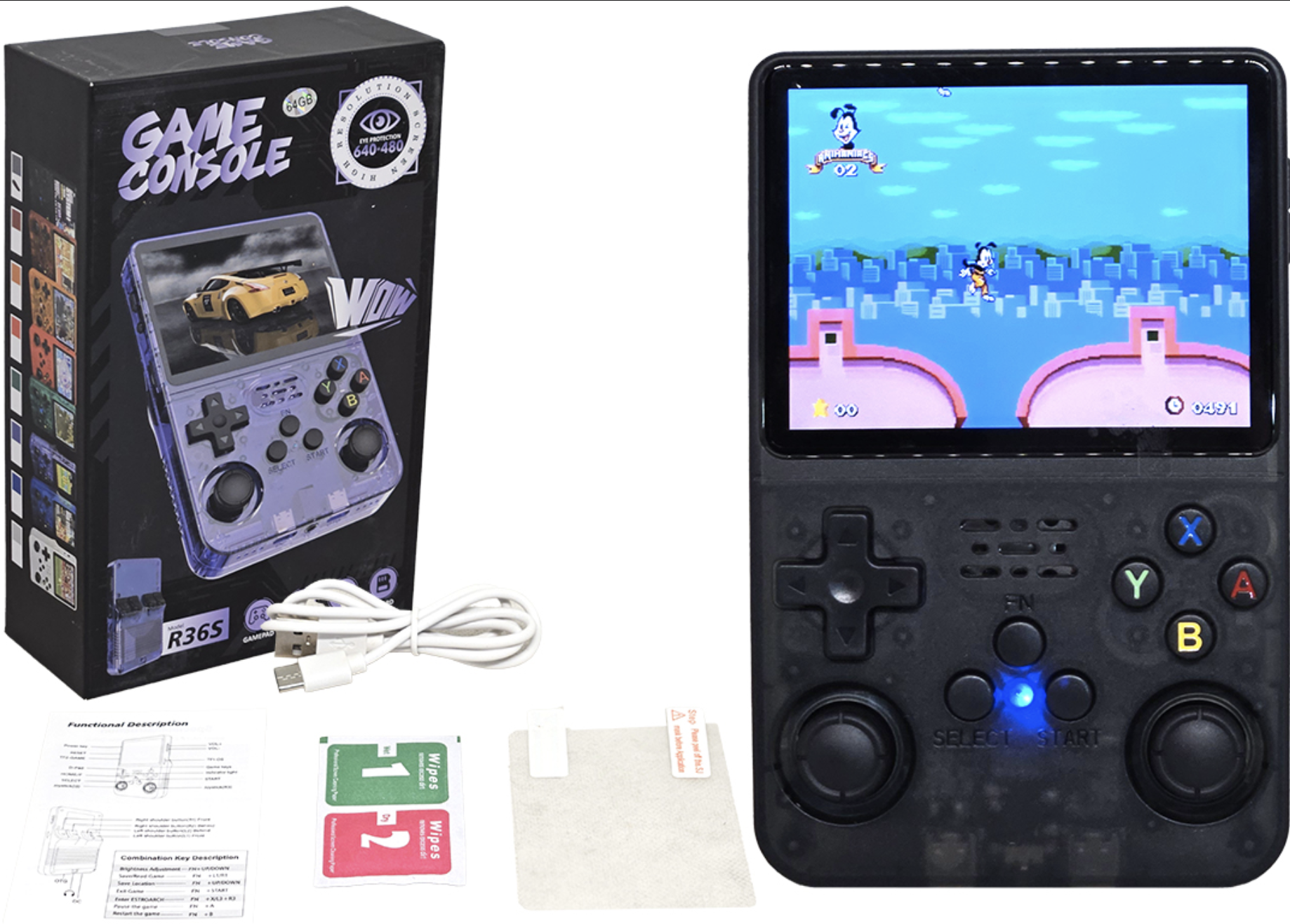 CONSOLA JUEGOS R36S QUADCORE RK3326 1GB 64GB PSP DC PS1 NDS N64 CPS1 CPS2 CPS3 FBA NEOGEO GBA GBC GB SFC FC MD 3500MAH 640X480 IPS 3.5 PULGADAS