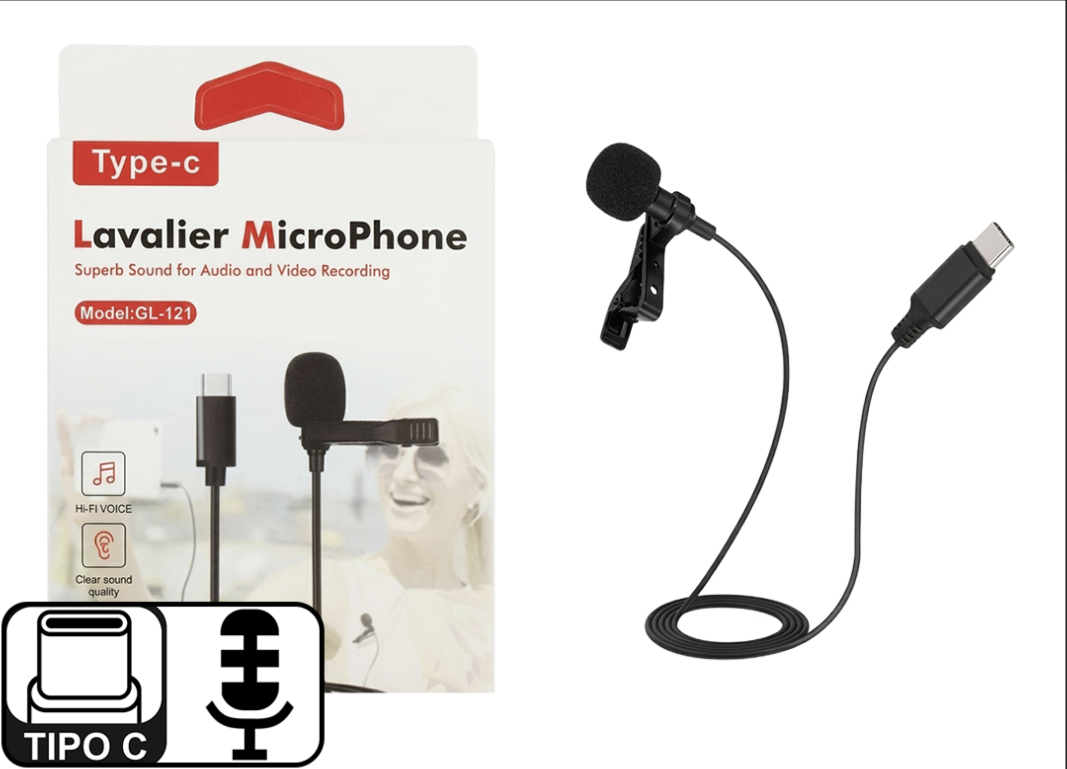 MICROFONO CORBATERO LAVALIER GL-121 CONECTOR USB TIPO C CABLE 1.5 MTS
