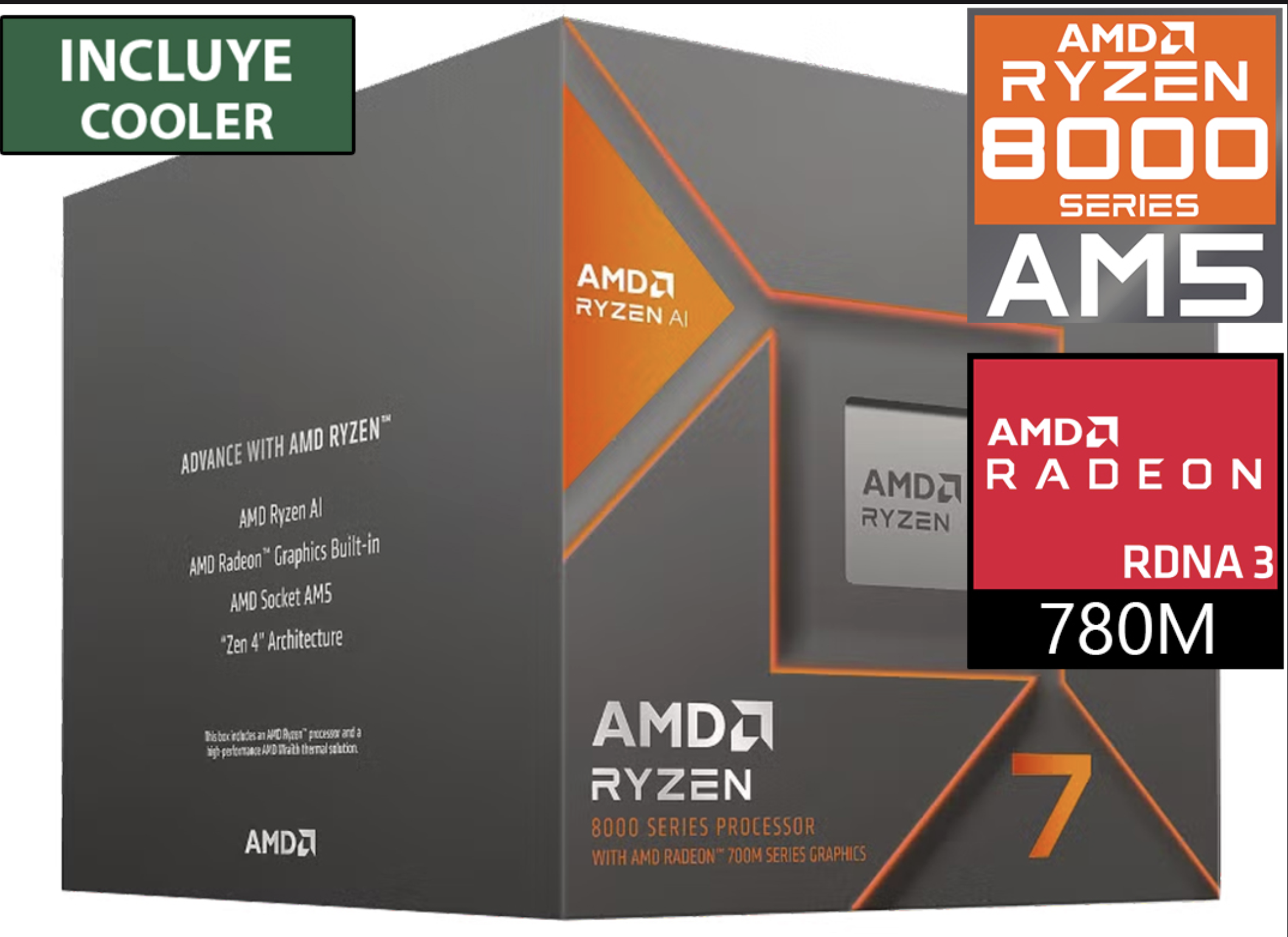 PROCESADOR AMD RYZEN 7 8700G 4.2GHZ HASTA 5.1GHZ 8 NUCLEOS 16 HILOS 12 GPU 16MB CACHE L3 8MB CACHE L2 RADEON 780M GRAPHICS 65W AM5
