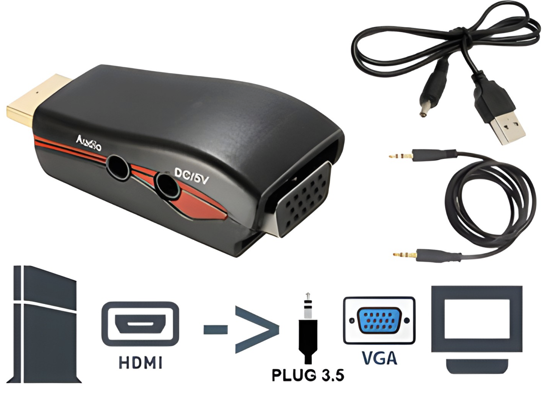 ADAPTADOR HDMI M A VGA H + JACK 3.5 - NO ES BIDIRECCIONAL - ALIMENTADO FUNCIONA EN CONSOLAS PS3 PS4 XBOX - INCLUYE CABLE DE ALIMENTACION Y CABLE DE SO