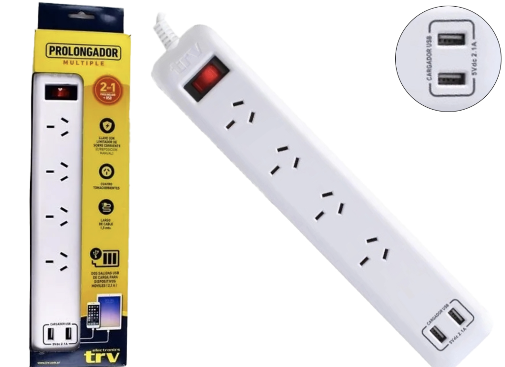 ZAPATILLA DE CORRIENTE 220V 4 BOCAS TRV CON 2 USB 2.1A CABLE 1.5MTS