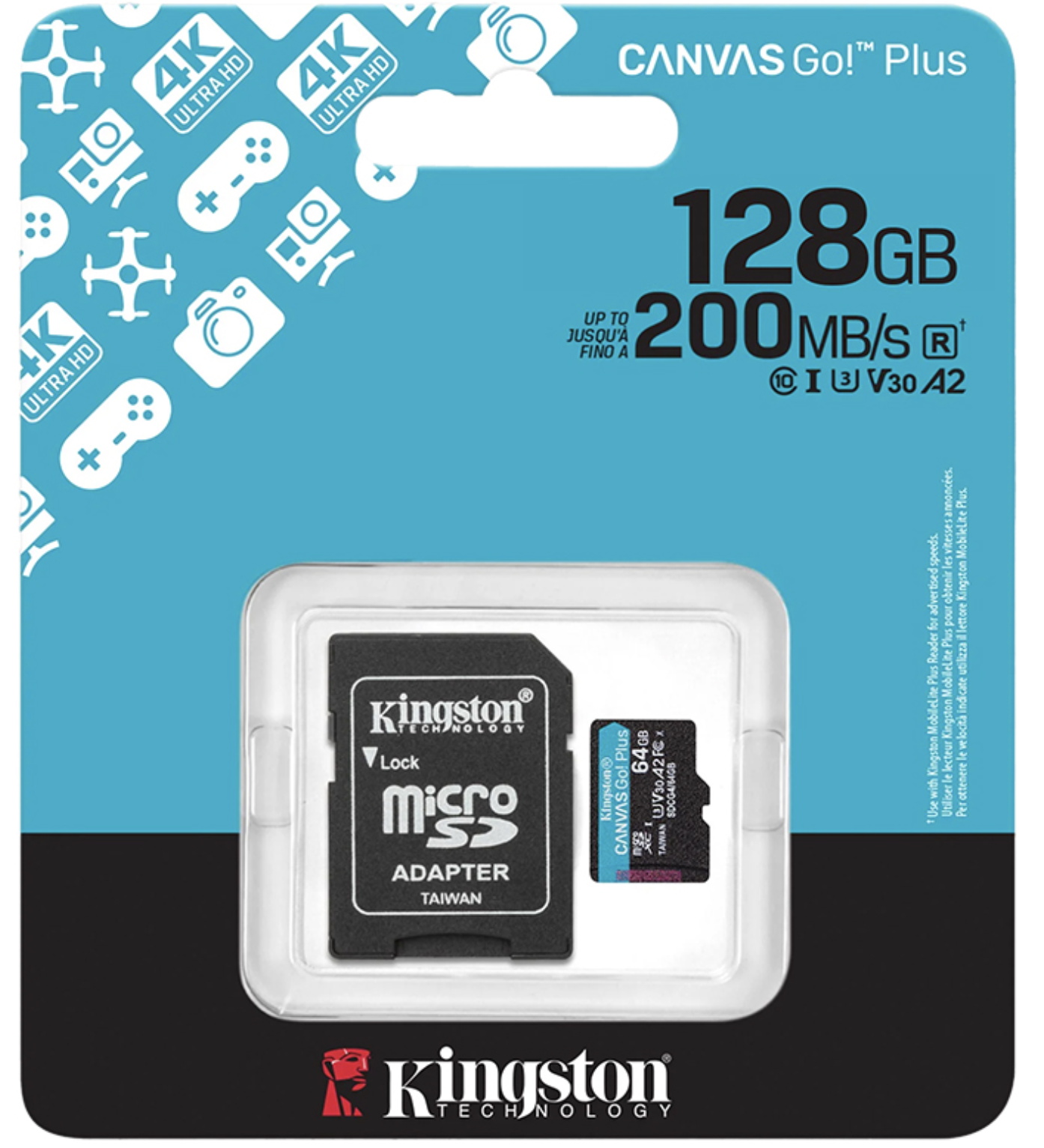 MICROSD 128GB CLASE 10 KINGSTON CANVAS GO PLUS U3 V30 A2 4K 200MB CON ADAPTADOR A SD