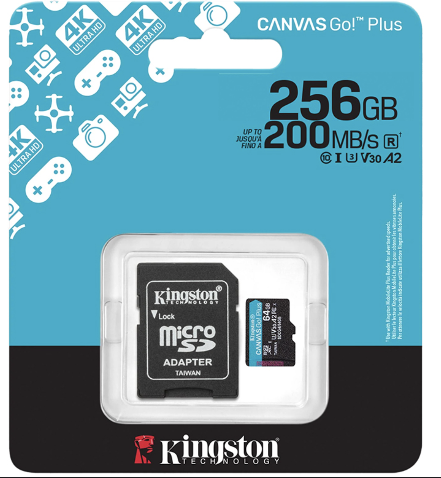 MICROSD 256GB CLASE 10 KINGSTON CANVAS GO PLUS U3 V30 A2 4K 200MB CON ADAPTADOR A SD
