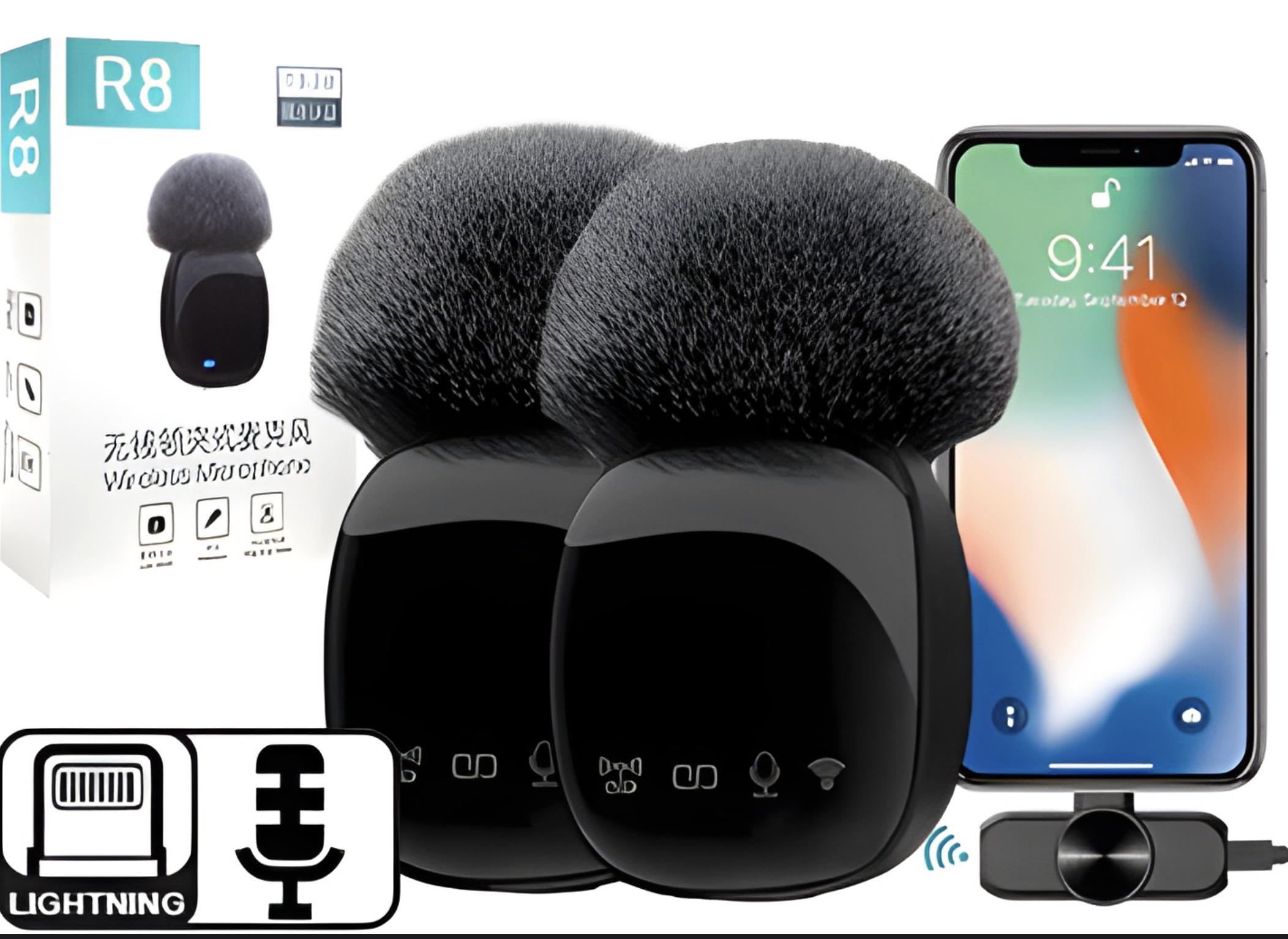 MICROFONO R8 X2 UNIDADES SOLO CONECTOR LIGHTNING BLUETOOTH ENTREVISTAS PERIODIOSMO AIRE LIBRE BATERIA 400MAH SOLO APPLE IPHONE