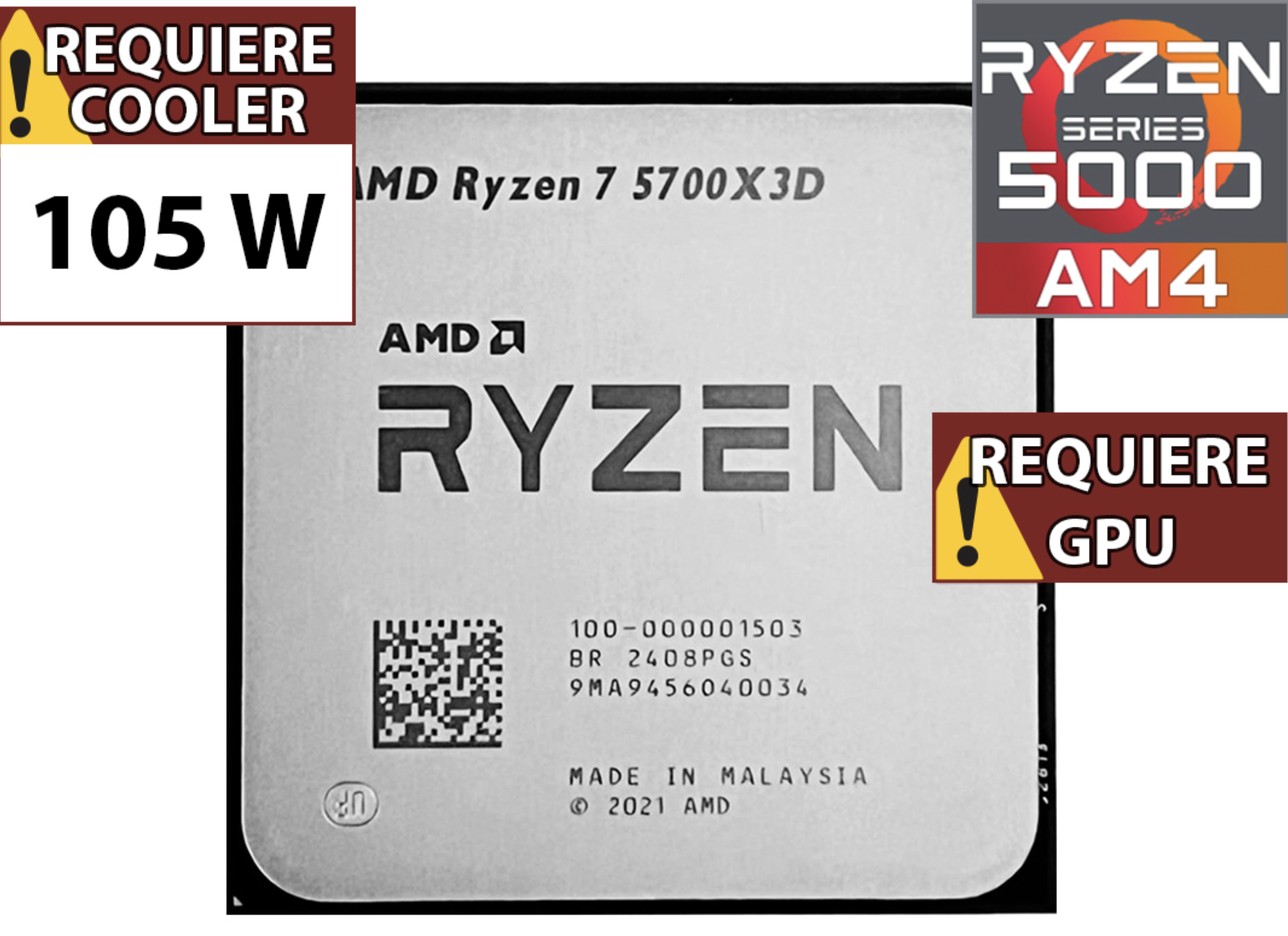 PROCESADOR AMD RYZEN 7 5700X3D 3.0GHZ 8 NUCLEOS 16 HILOS 96MB CACHE TDP 105W AM4 - OUTLET - USADO - OEM - NO TRAE VIDEO SIN CAJA NI COOLER VENTILADOR
