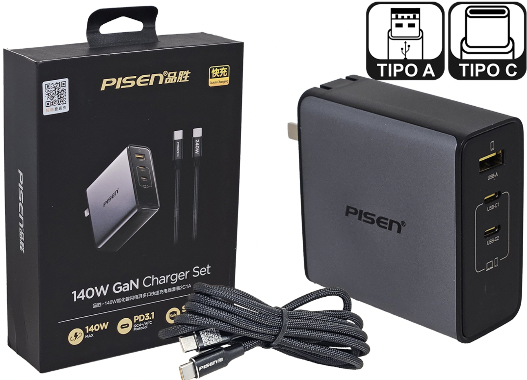 CARGADOR 220V 5V 9V 10V 12V 15V 20V 2XUSBTIPOC 1XUSBH 140W PISEN 2C1A AFC FCP PPS QC3.0 QC4 QC4+ PD3.0 PD3.1 TECNOLOGIA GAN INCLUYE CABLE USB TIPO C