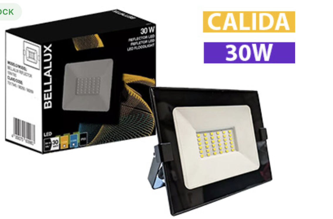 REFLECTOR LED BELLALUX 30W 830 CALIDO 220V 2400 LUMNES IP65/IK06 EQUIVALENTE 300W NEGRO