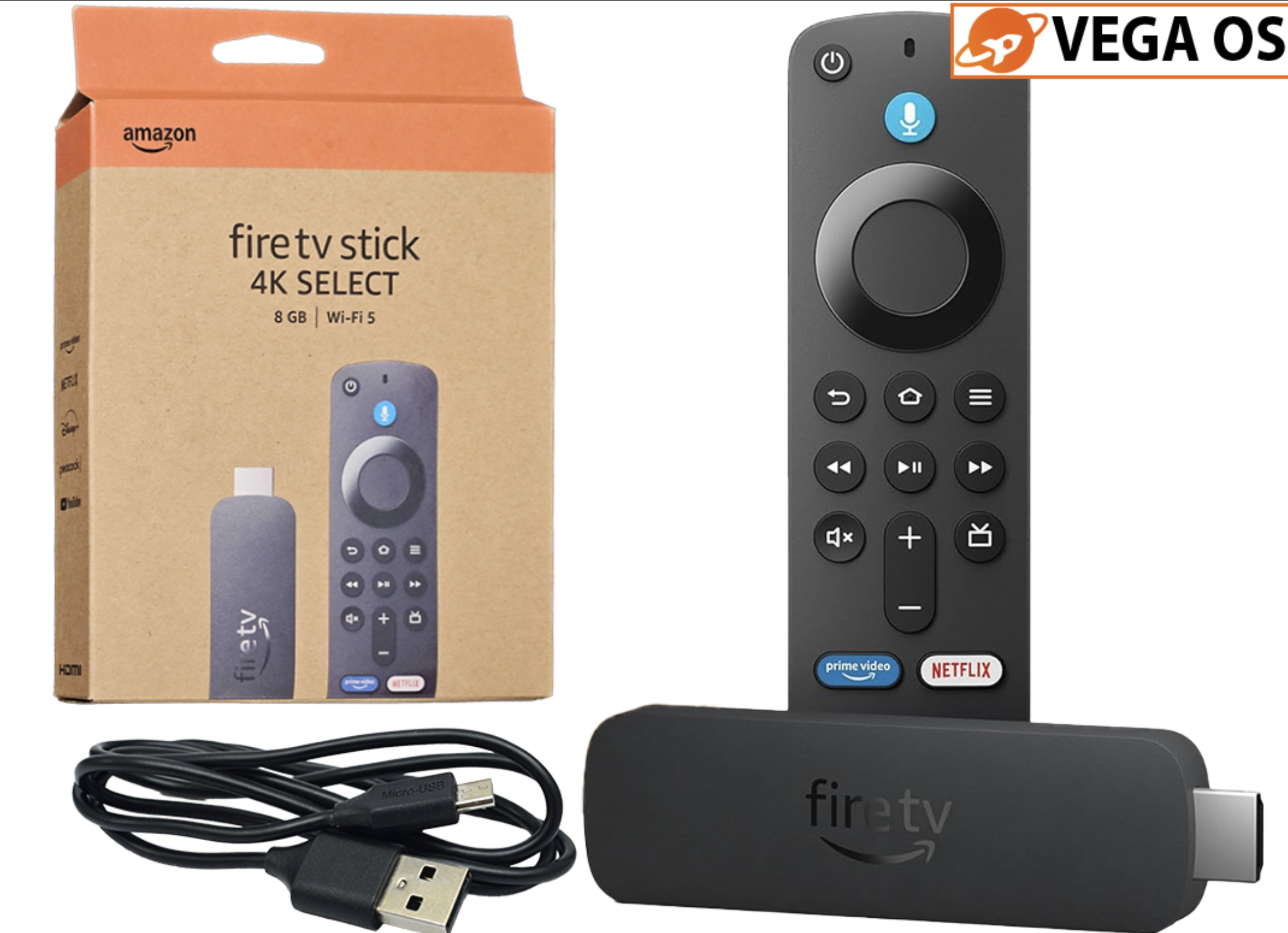 REPRODUCTOR MULTIMEDIA AMAZON FIRE STICK 4K SELECT 8GB WIFI 5 NO TRAE ANDROID INCLUYE CABLE USB A MICRO USB VA DIRECTO AL USB DEL TELE NO INCLUYE PILA