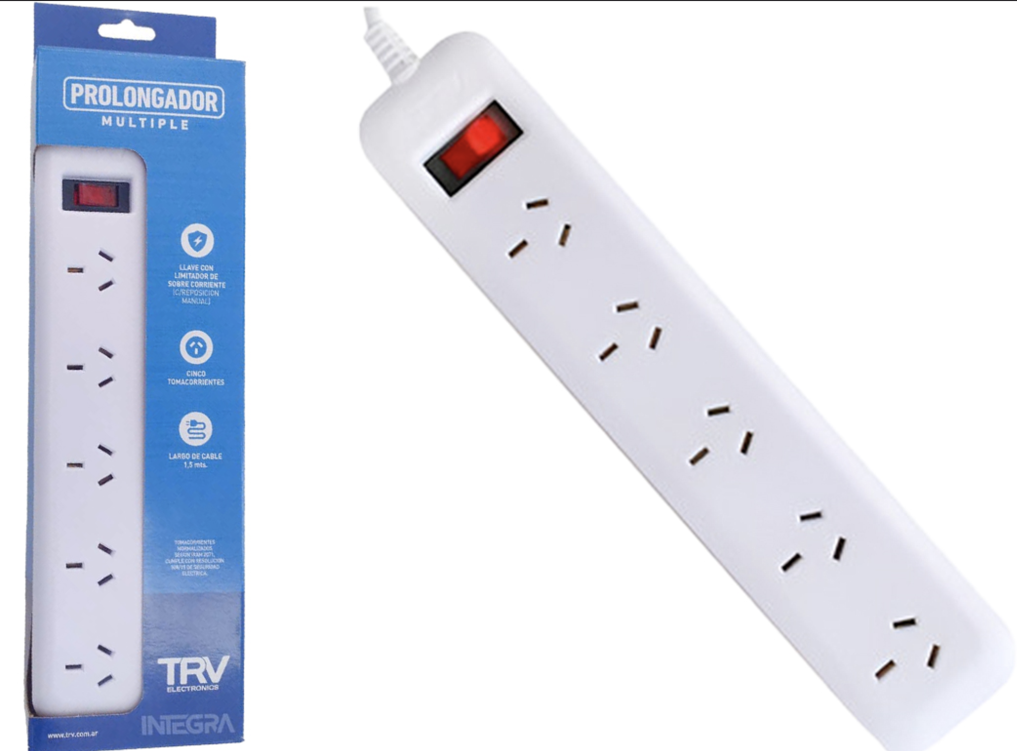 ZAPATILLA DE CORRIENTE 220V 5 BOCAS TRV CABLE 1.5MTS HASTA 10A