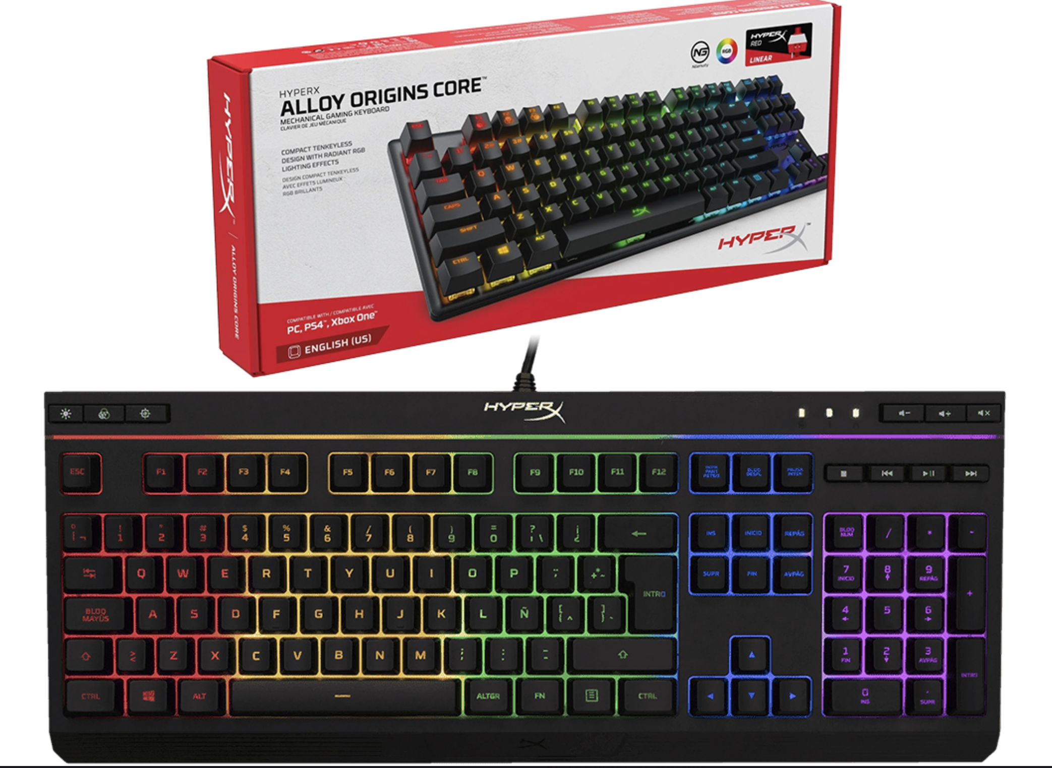 TECLADO KINGSTON HYPERX ALLOY CORE LUZ Y EFECTOS DE ILUMINACION RGB IMPERMEABLE CONTROLES MULTIMEDIA ESPECIALES PC PS4 XBOX ONE ESPANOL NEGRO